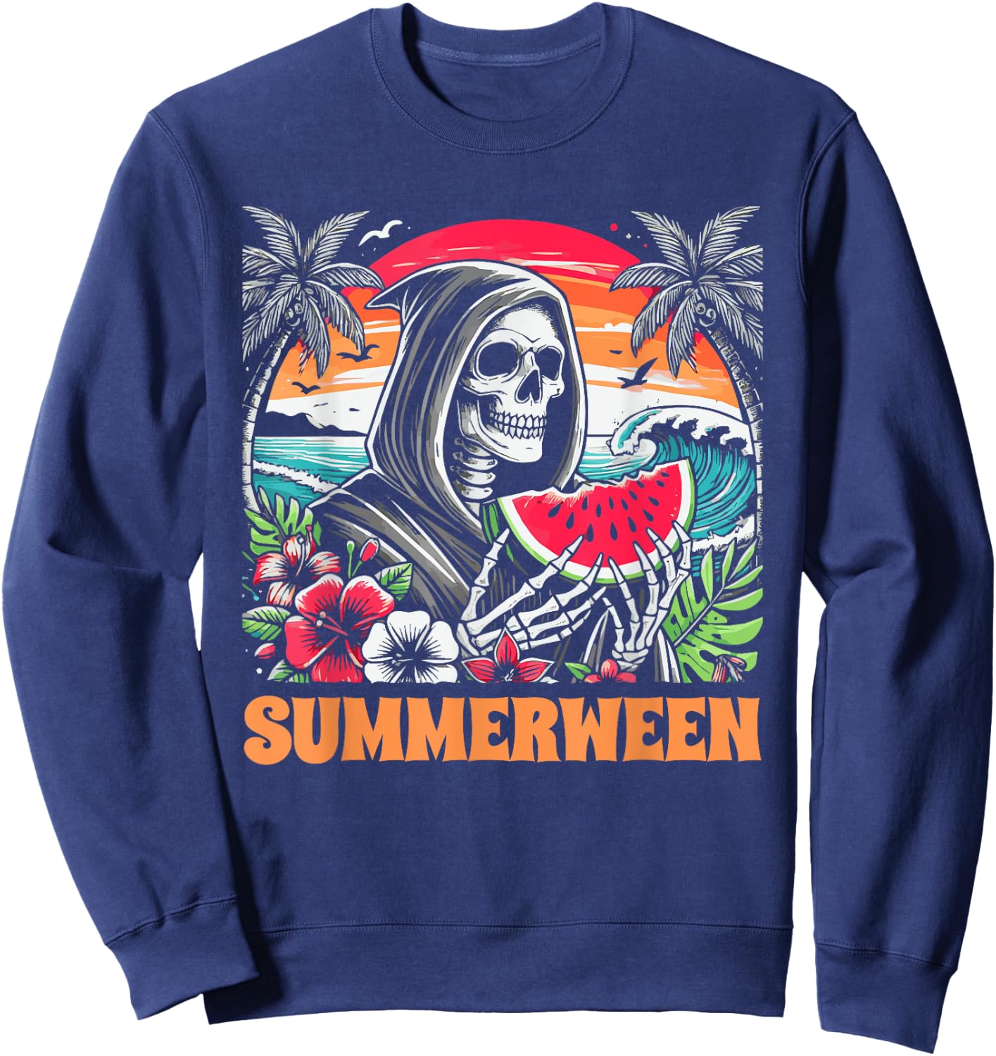Summerween Skeleton Tropical Beach Scene Sweatshirt - Sweatshirt | Navy