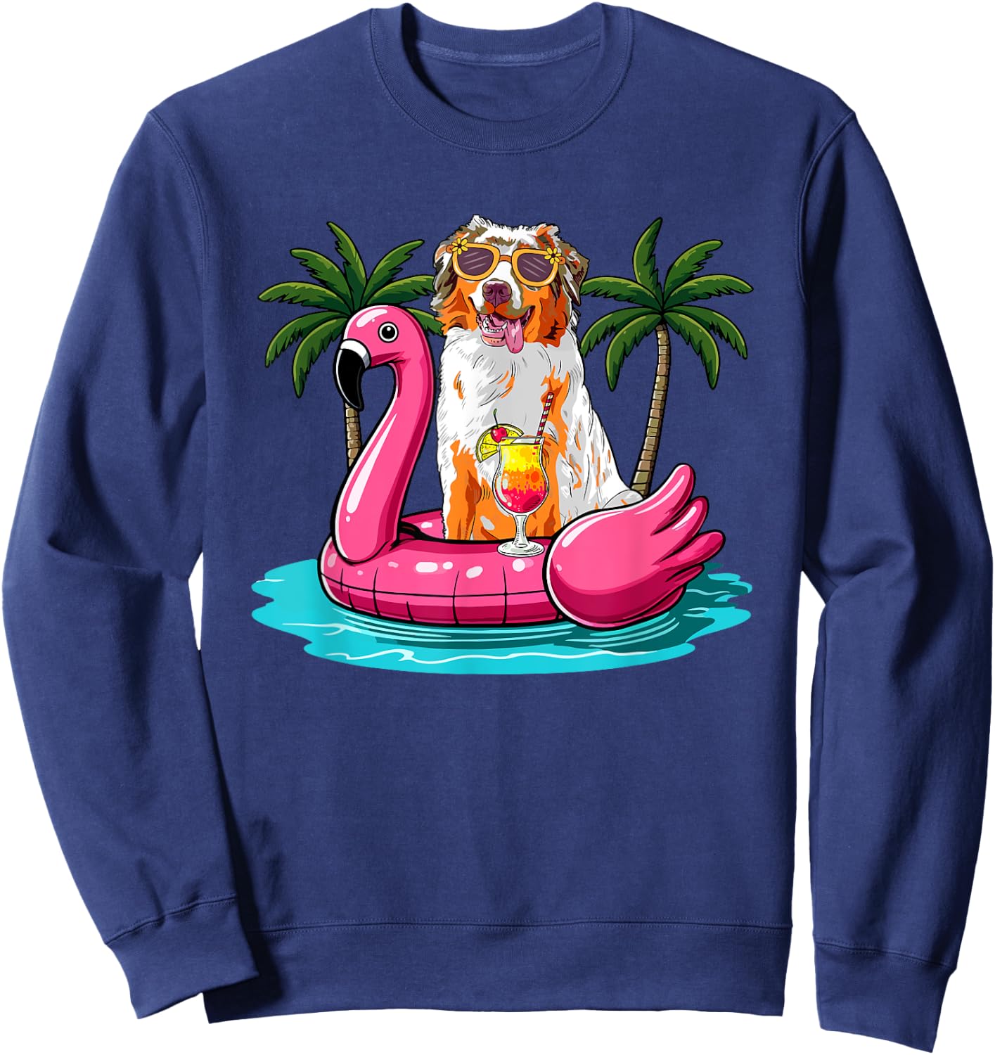 Australian Shepherd Sunglasses On Flamingo Cute Float Lover Sweatshirt - Sweatshirt | Navy