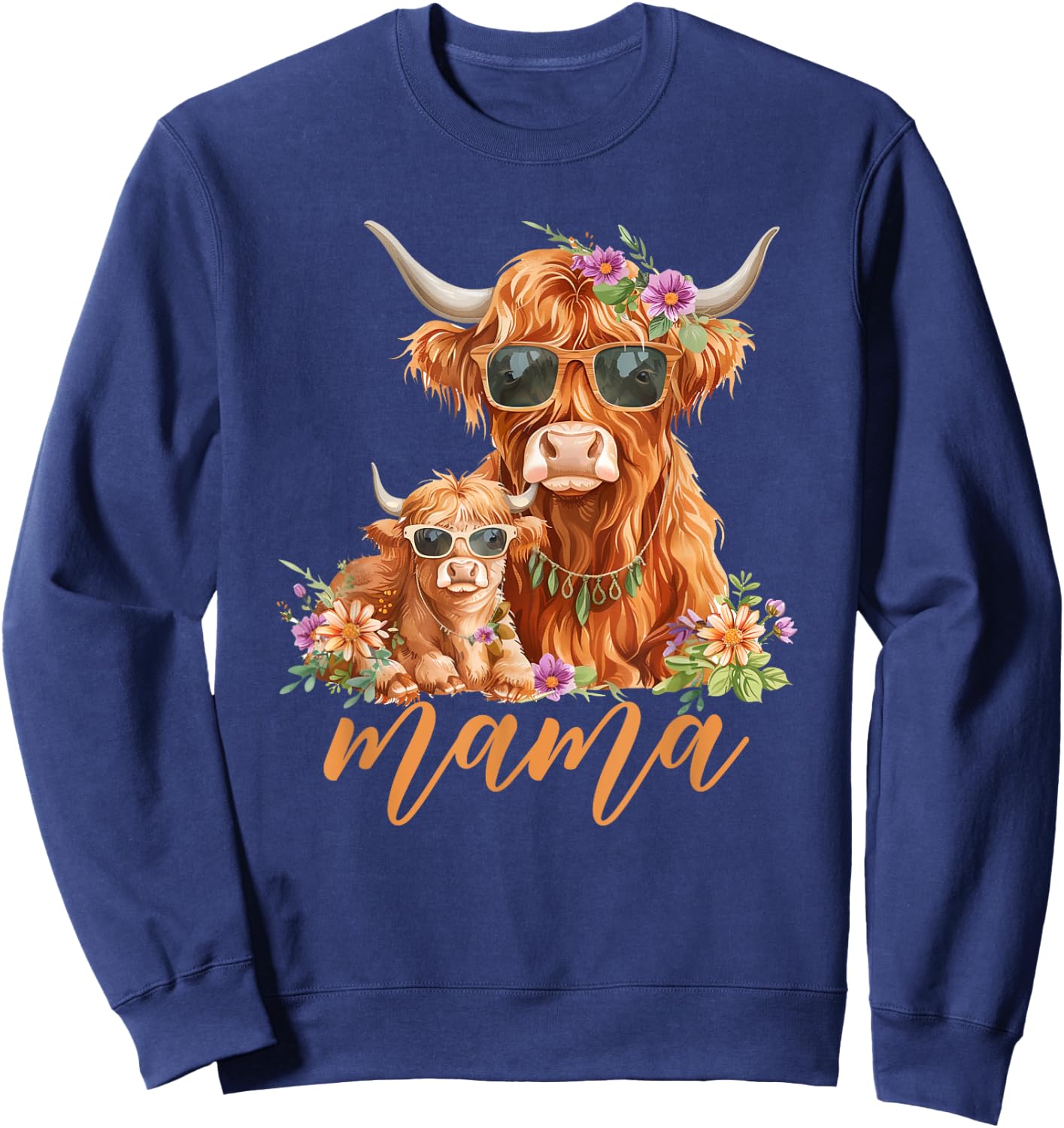 Cute Mama Highland Cow With Baby Calf Boho Floral Mommy Cow Sweatshirt - Sweatshirt | Navy