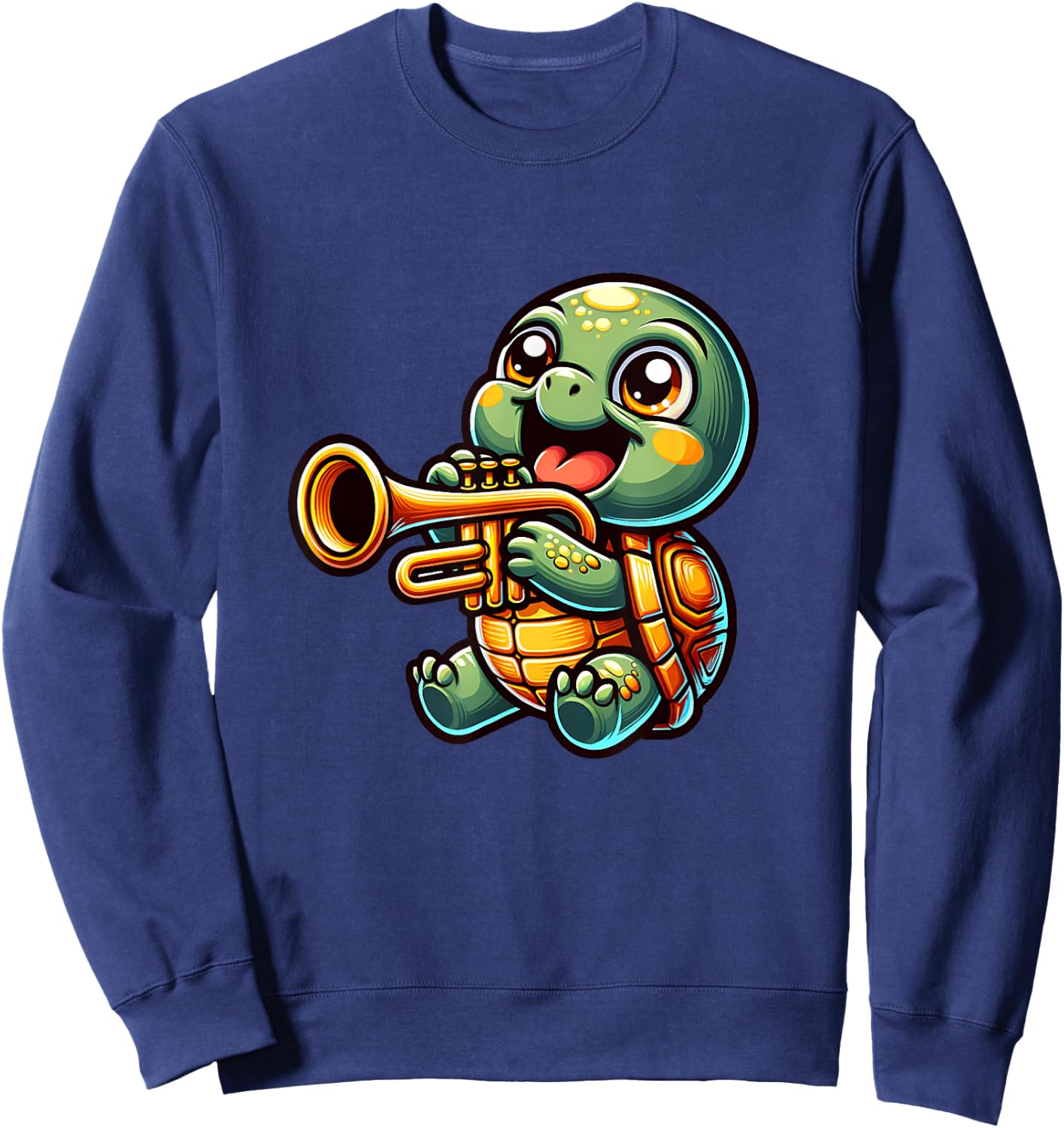 Cute Turtle Playing Trumpet Cartoon Design Sweatshirt - Sweatshirt | Navy