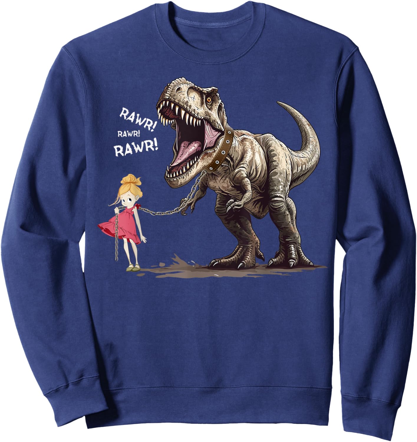 Cute T-Rex Dinosaur Pet on a Leach led by a Girl Sweatshirt - Sweatshirt | Navy