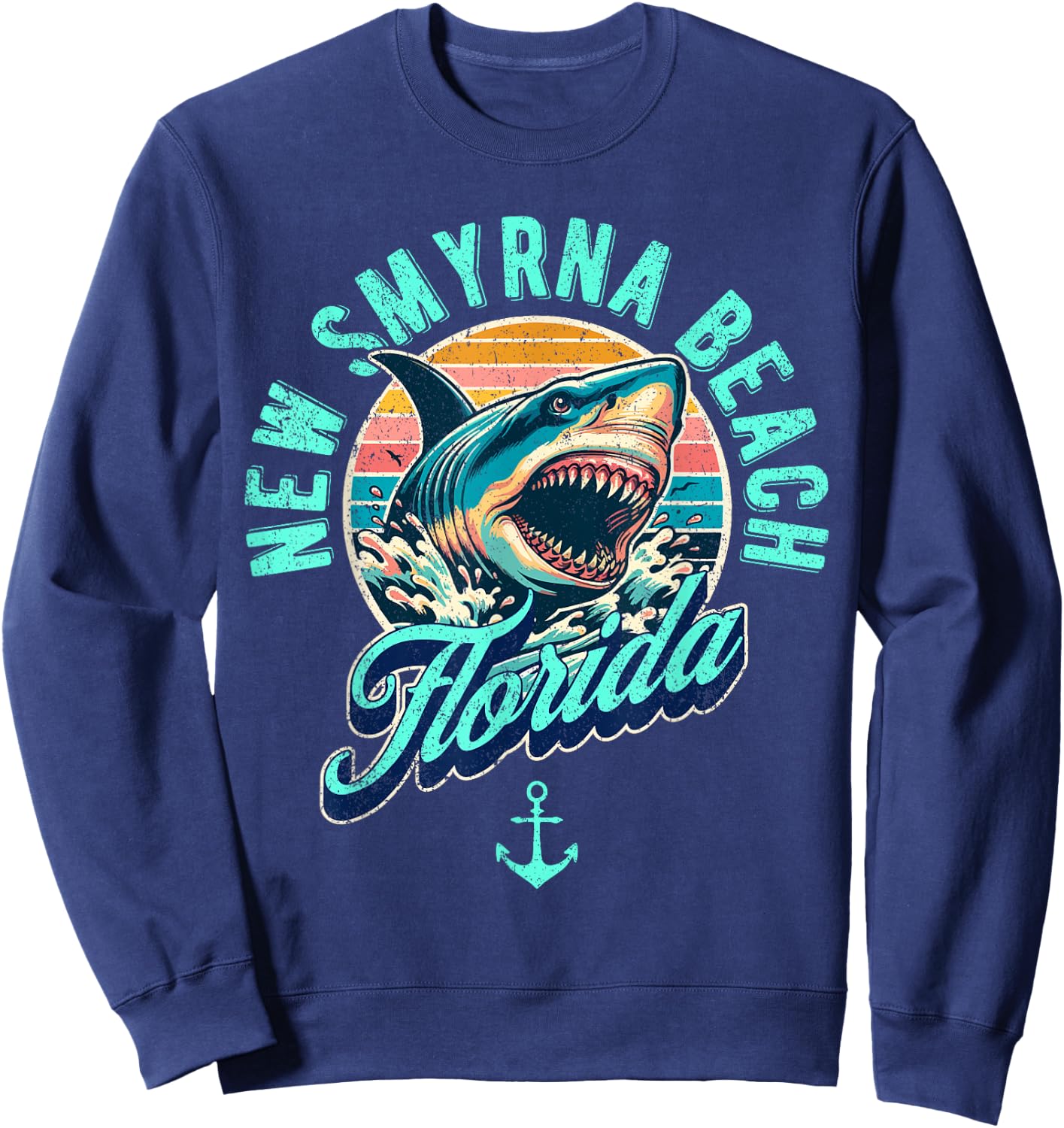New Smyrna Beach Florida Shark Retro Distressed Design Sweatshirt - Sweatshirt | Navy