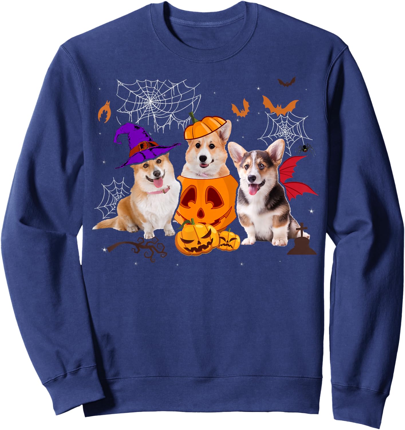 Funny Pumpkin Witch Corgi Matching Dog Halloween Gifts Men Women Kids Sweatshirt - Sweatshirt | Navy
