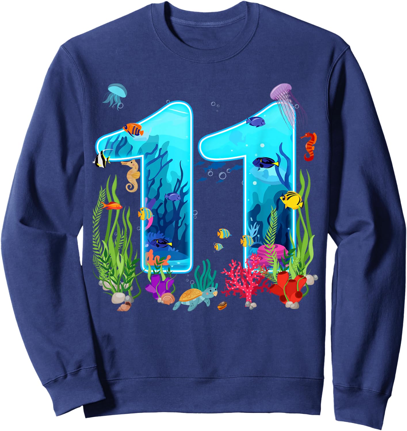 Cute 11 Ocean Sea Animal 11th Bday Party 11 Years Old Sweatshirt - Sweatshirt | Navy