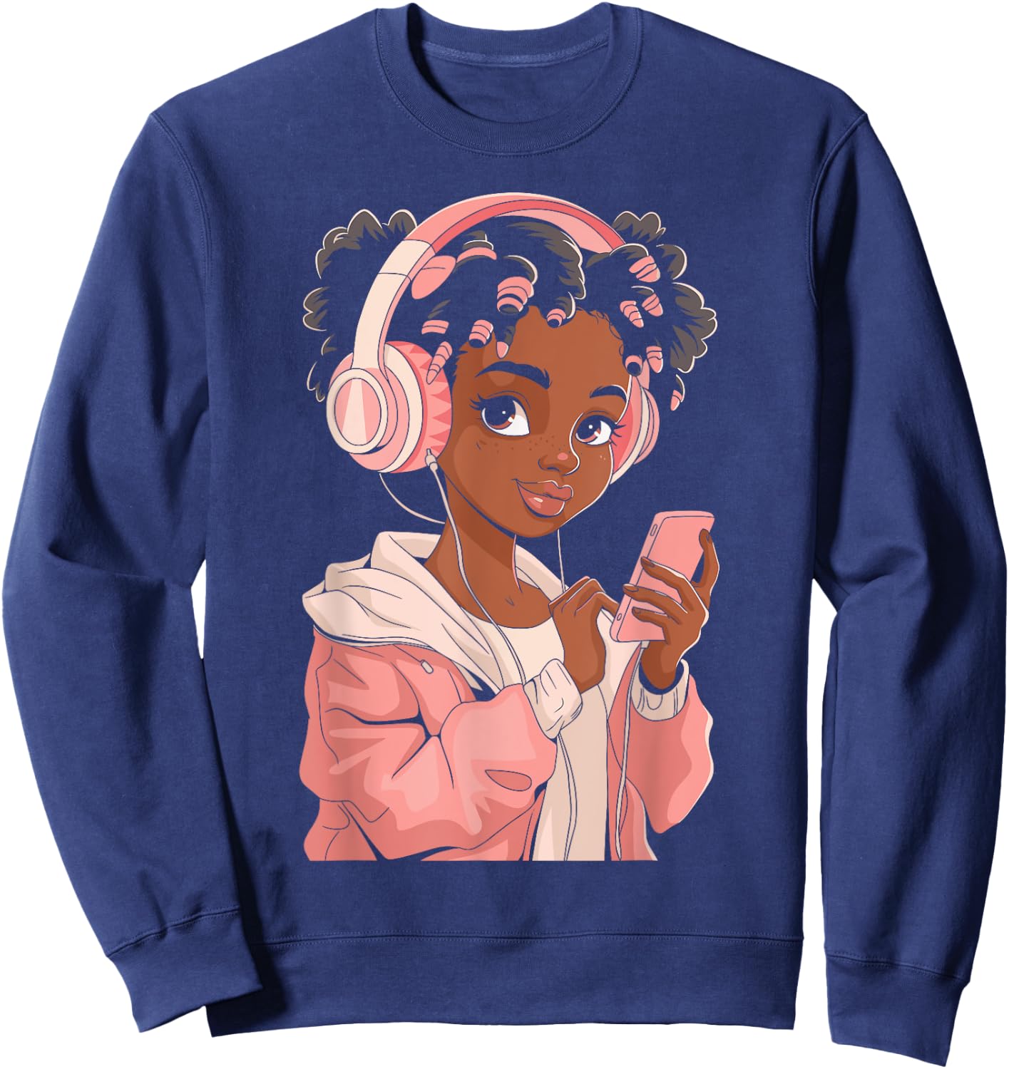 Afro Anime Black Girl with Headphones Kpop Art Sweatshirt - Sweatshirt | Navy