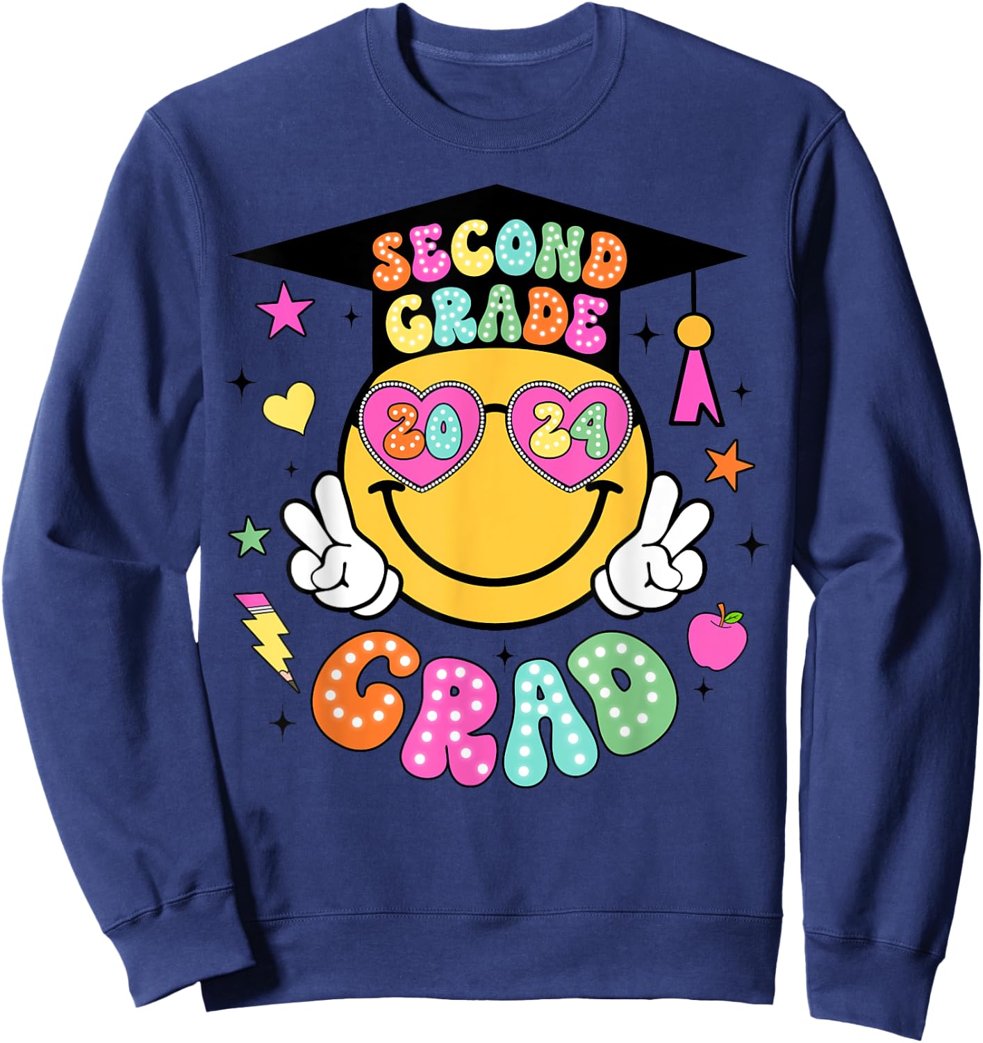 Groovy 2nd Grade Graduate Happy Face Graduation 2024 Grad Sweatshirt - Sweatshirt | Navy