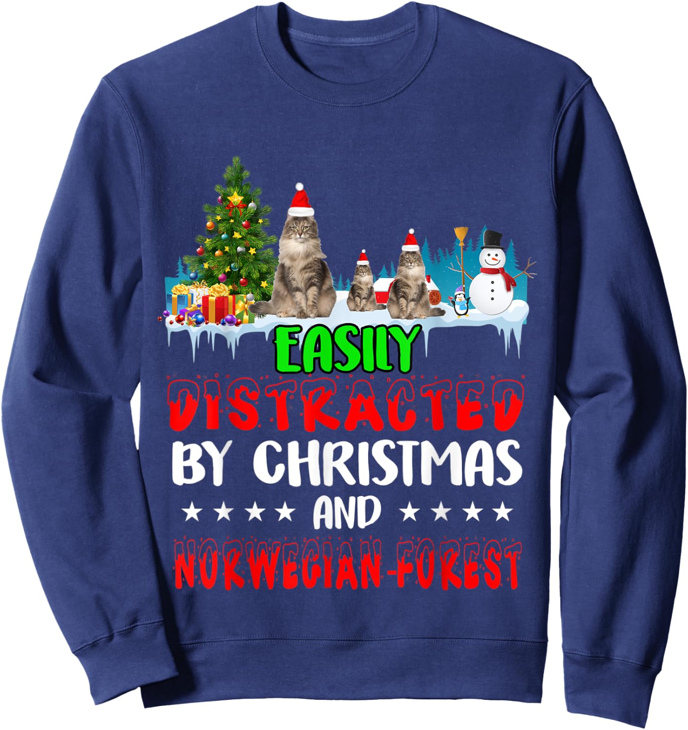 Easily Distracted by Christmas Norwegian Forest Cat on Snow Sweatshirt - Sweatshirt | Navy