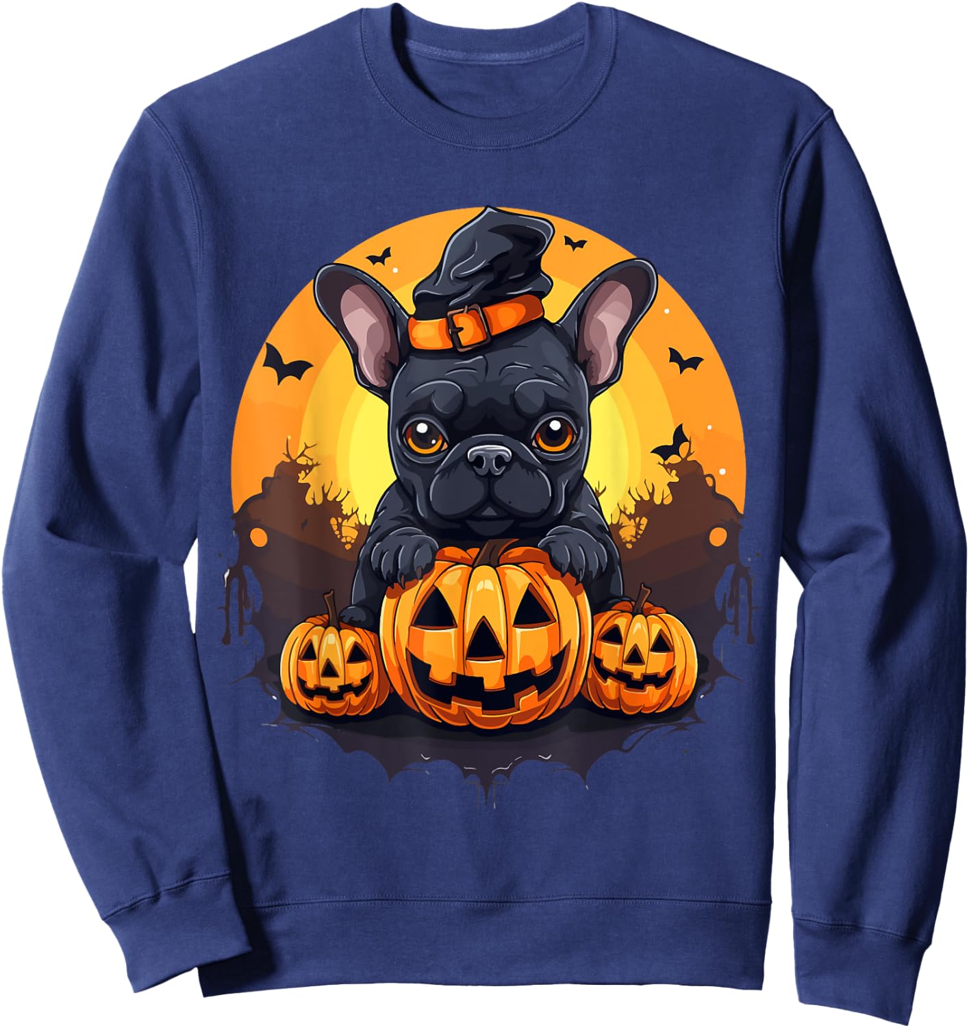 French Bulldog Frenchie Dog Breed Pet Halloween Pumpkins Women Kids Sweatshirt - Sweatshirt | Navy