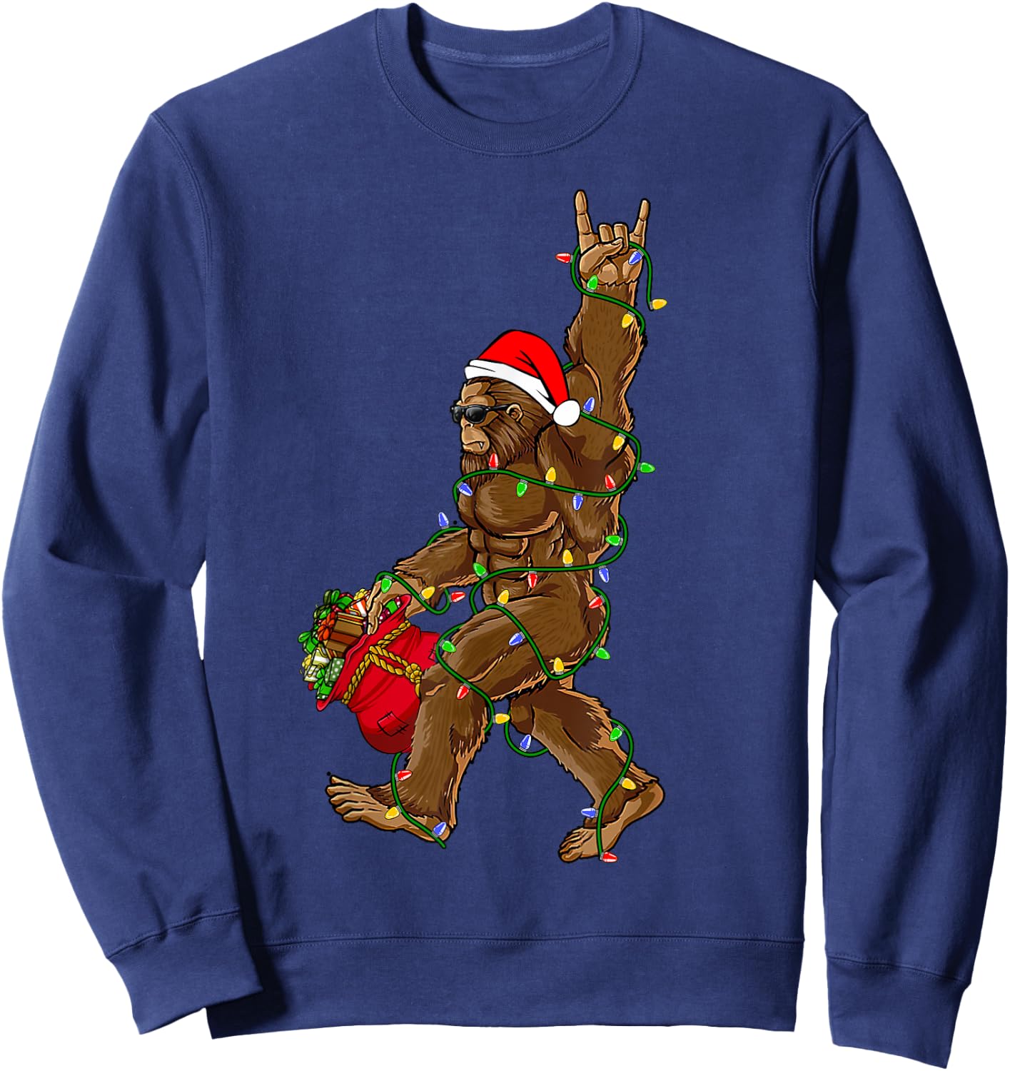 Santa Bigfoot Christmas Lights Rock Funny Sasquatch Believe Sweatshirt - Sweatshirt | Navy