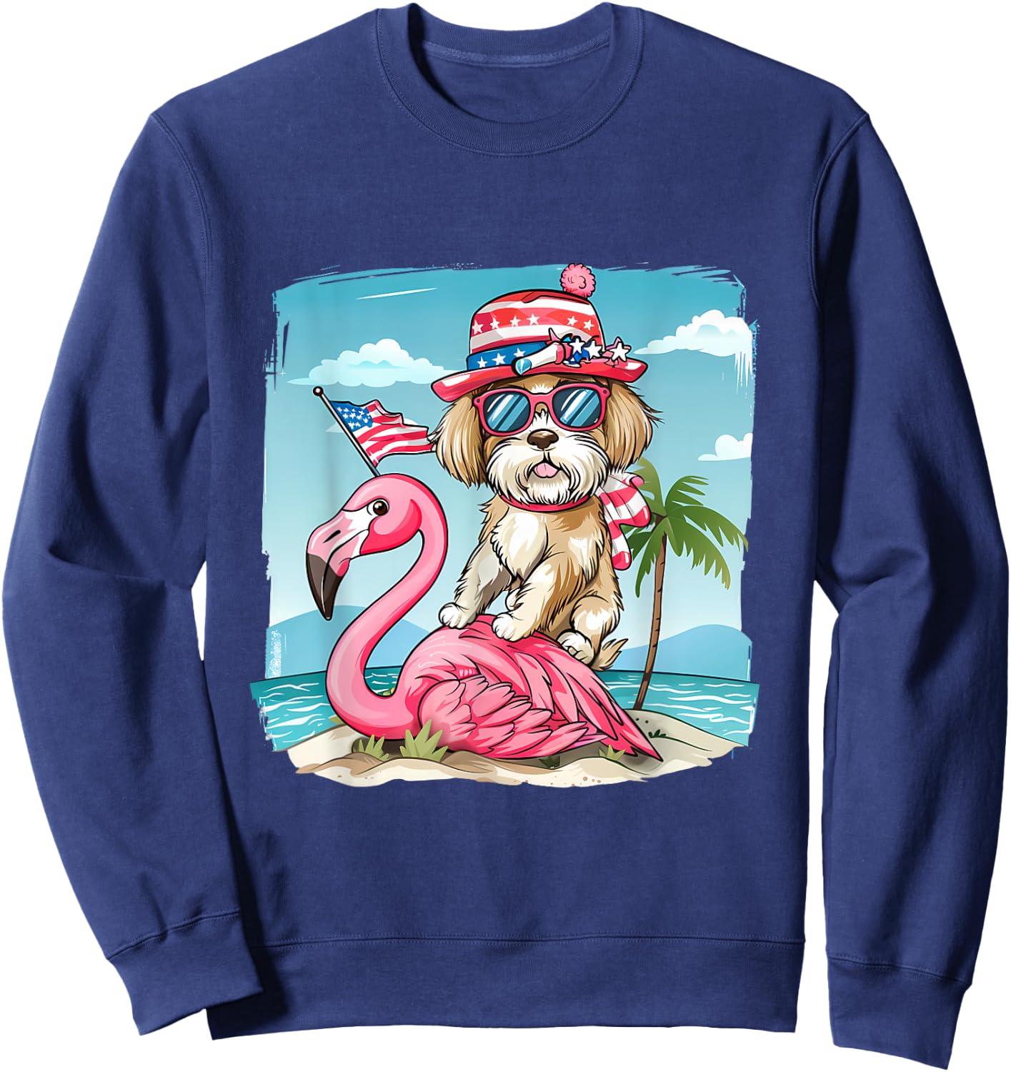 Fourth Of July Flamingo Dog USA American Flag 4th Of July Sweatshirt - Sweatshirt | Navy