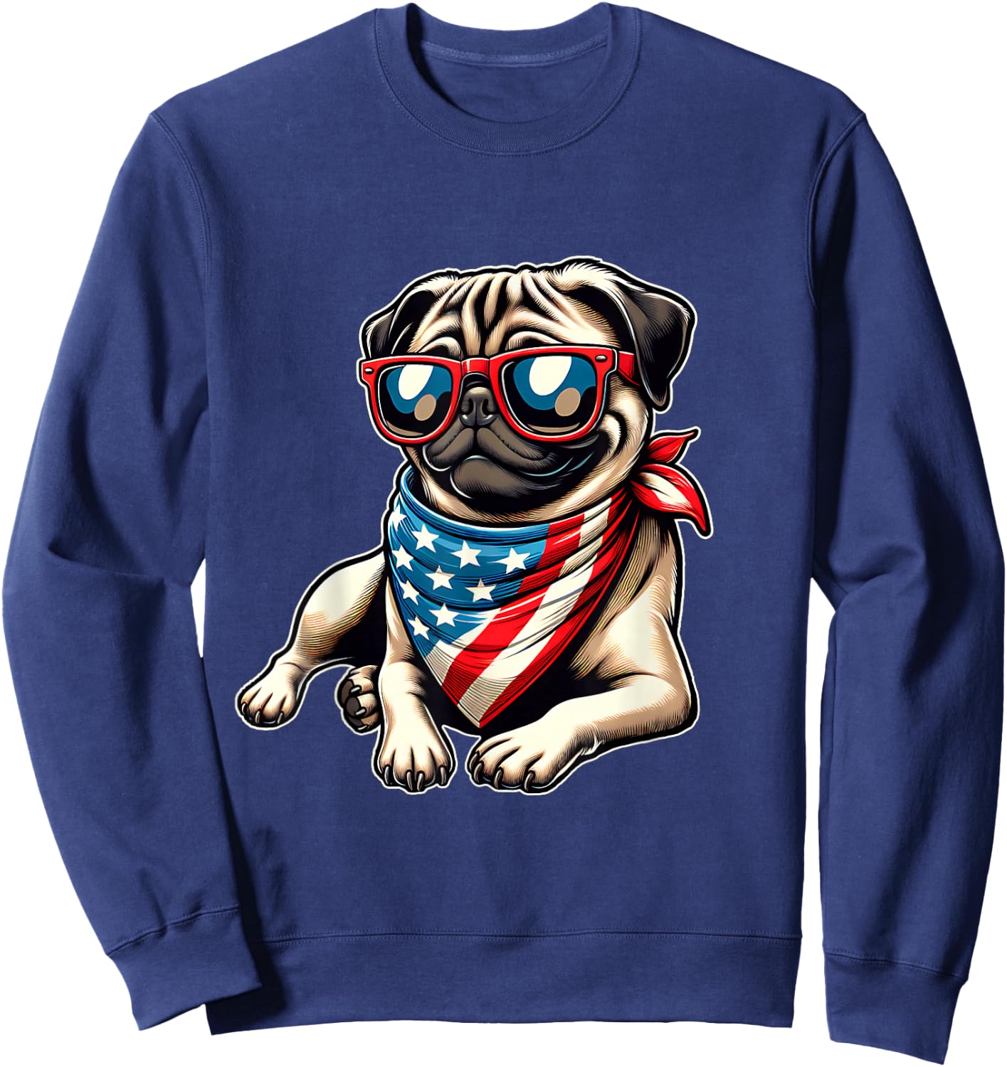Pug with Bandana Sunglasses 4th of July US Dog American Flag Sweatshirt - Sweatshirt | Navy