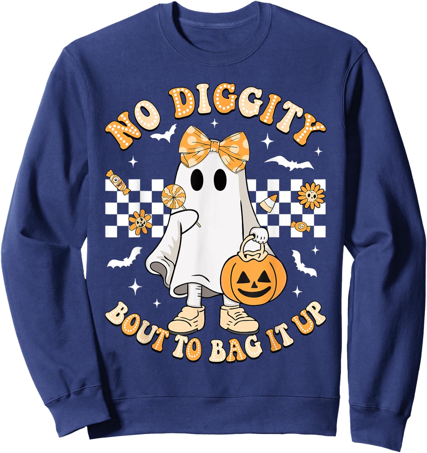 Halloween Ghost No Diggity Bout To Bag It Up Girls Kids Sweatshirt - Sweatshirt | Navy