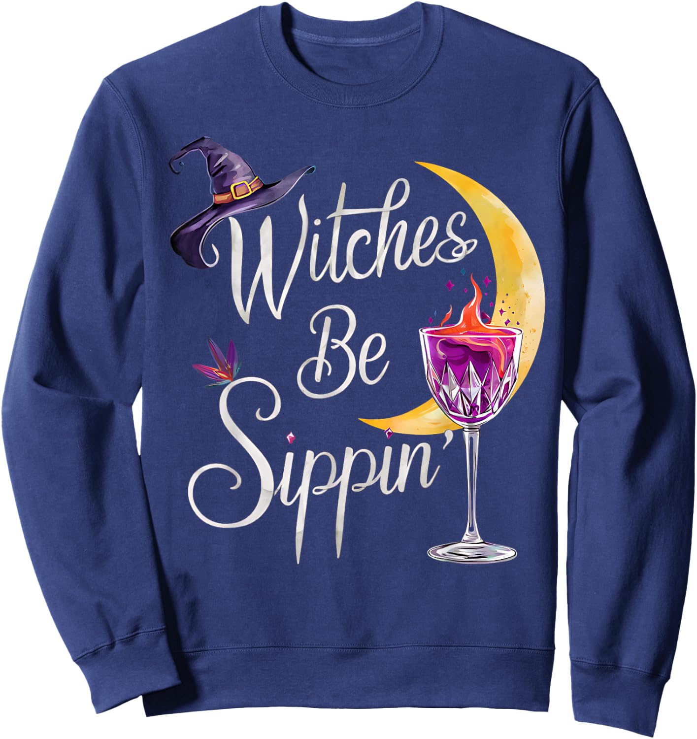 Women's Wine Witches Be Sippin Halloween Fun Design Sweatshirt - Sweatshirt | Navy