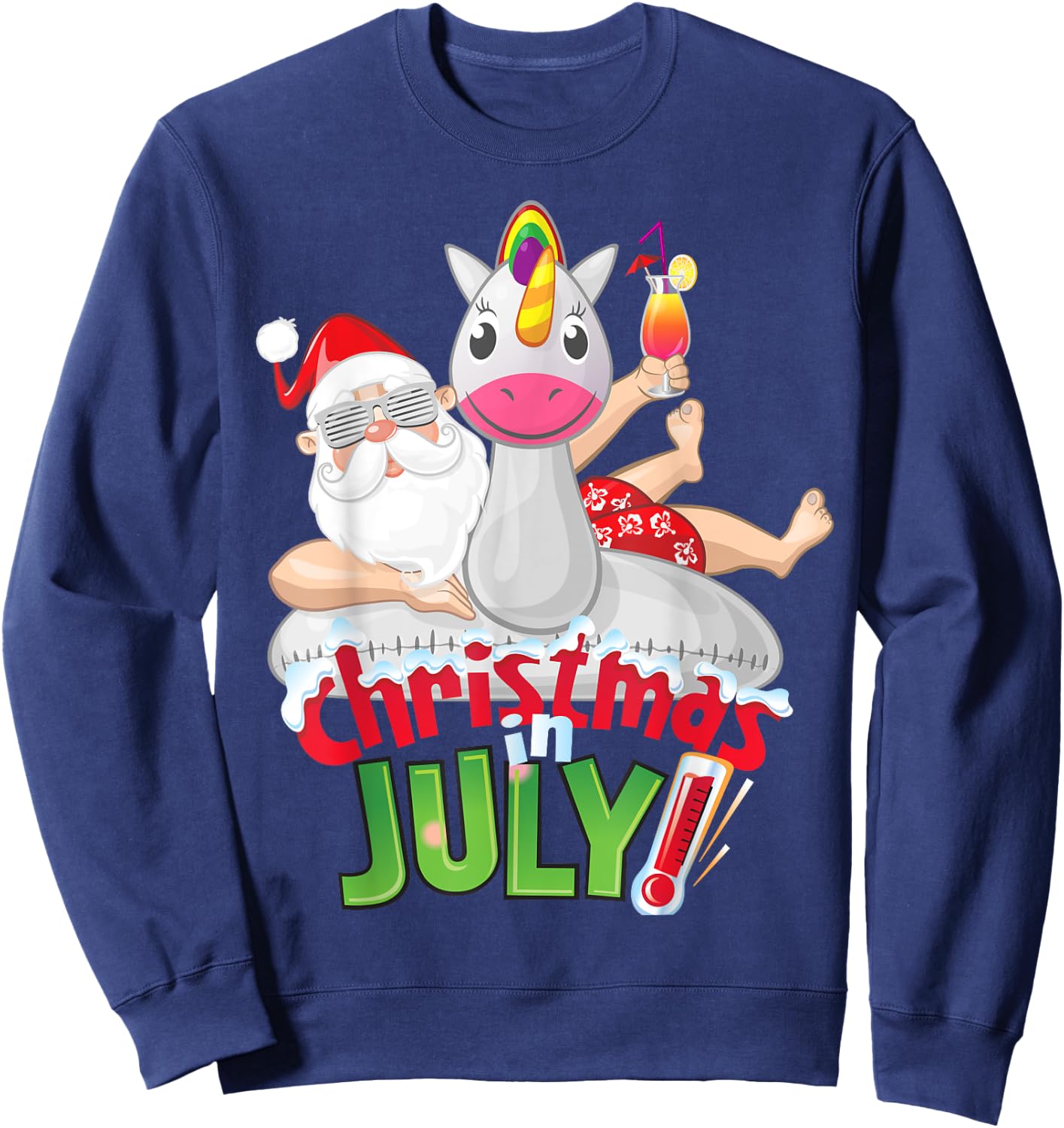 Funny Christmas in July Shirt Summer Unicorn Float Xmas Women Kids Sweatshirt - Sweatshirt | Navy
