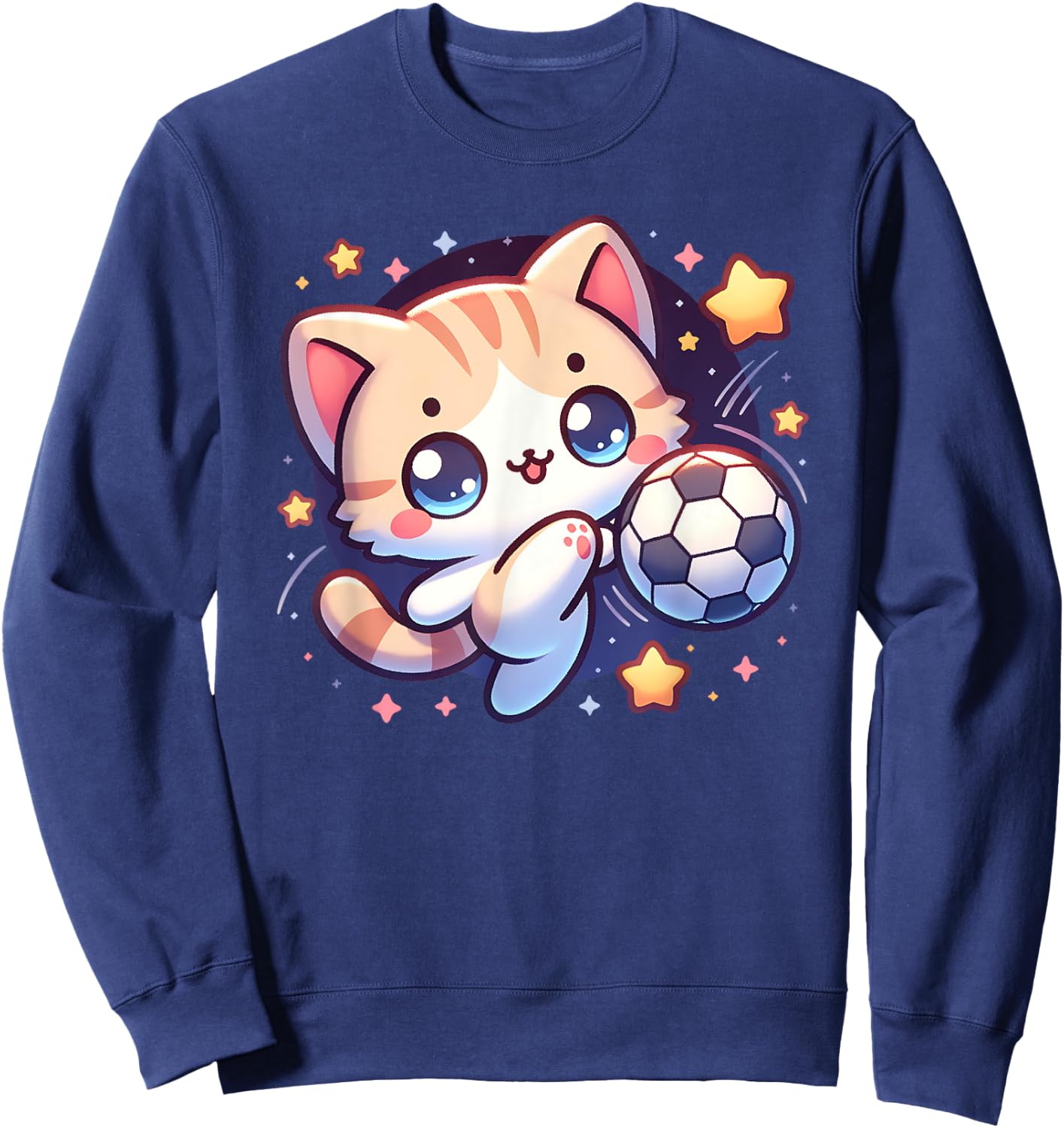 Cat Kitten Soccer Player Kicking Soccer Ball Cute Graphic Men Women Girls Kids Sweatshirt - Sweatshirt | Navy