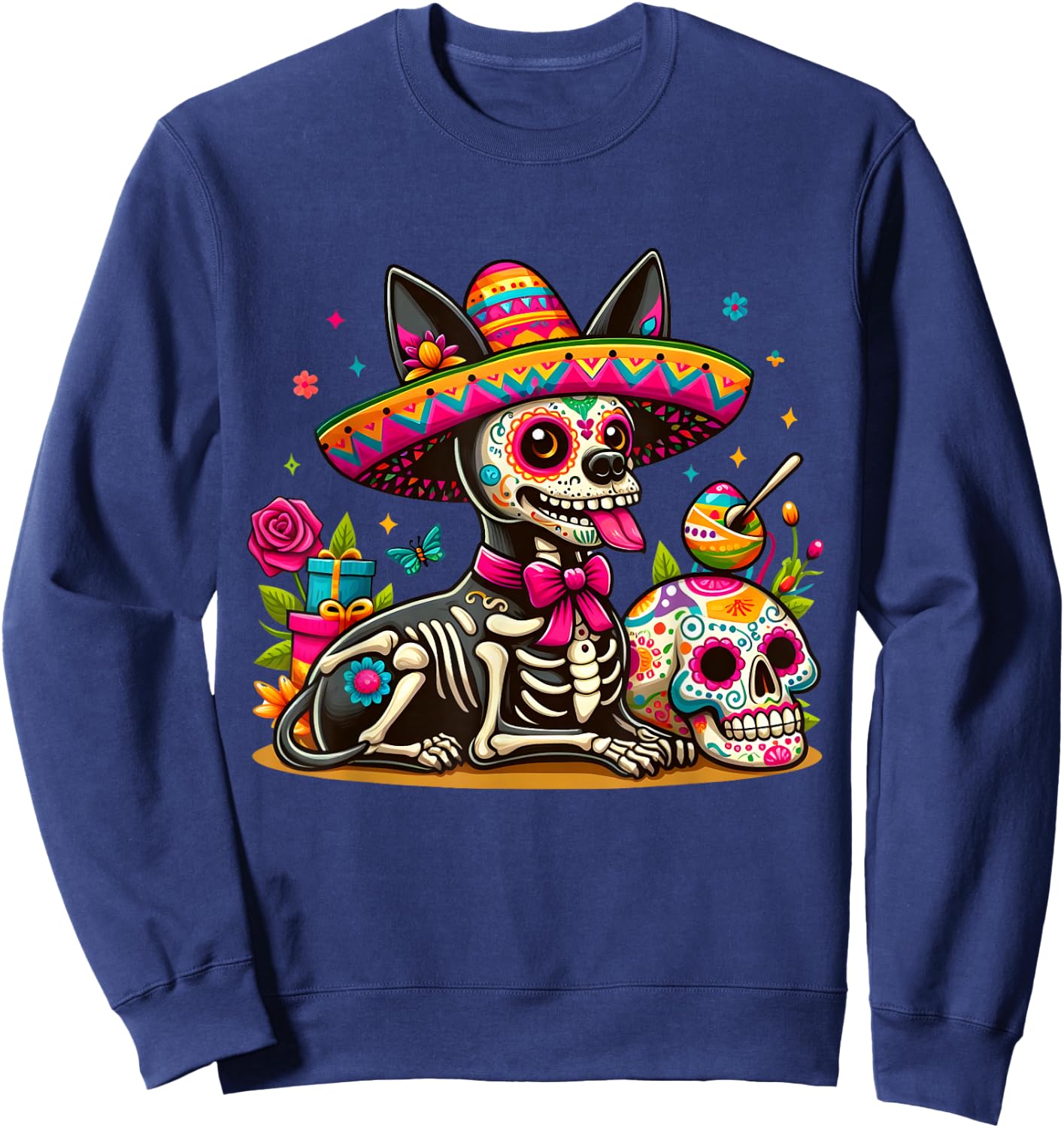 Cinco De Mayo Sugar Skull Xoloitzcuintli Dog Sombrero Sweatshirt - Sweatshirt | Navy