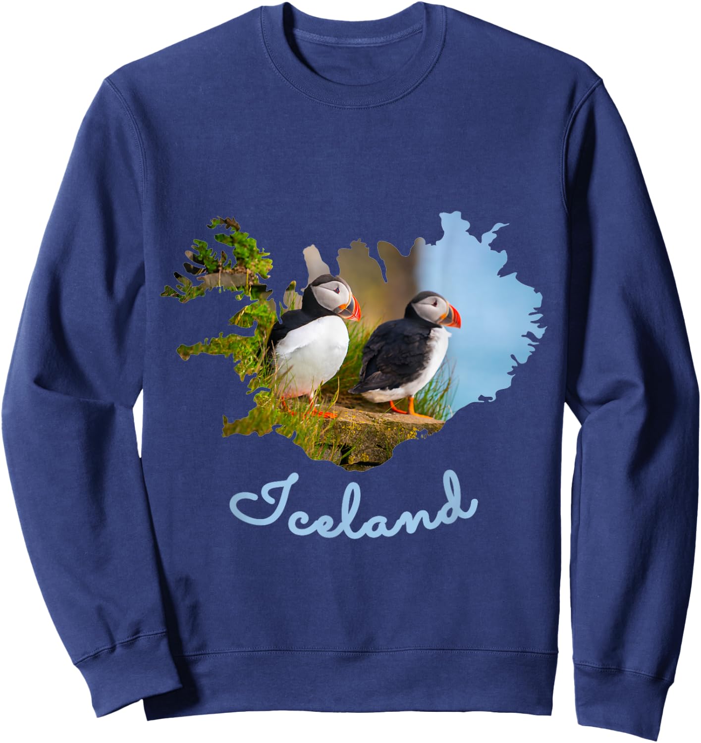Puffin Bird Iceland Map Outline & Text Design Sweatshirt - Sweatshirt | Navy