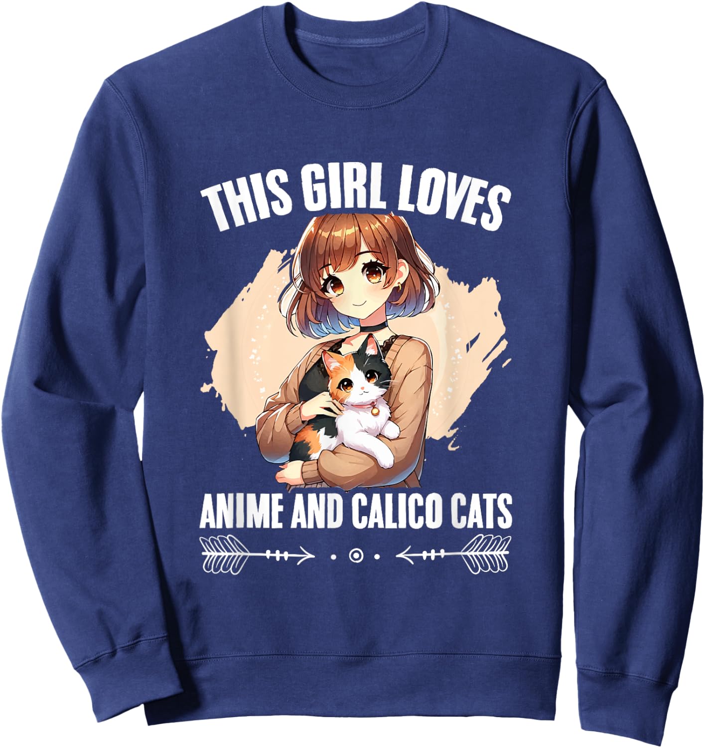 Kawaii Feline Animal Japan Anime Girl And Calico Cat Girl Sweatshirt - Sweatshirt | Navy