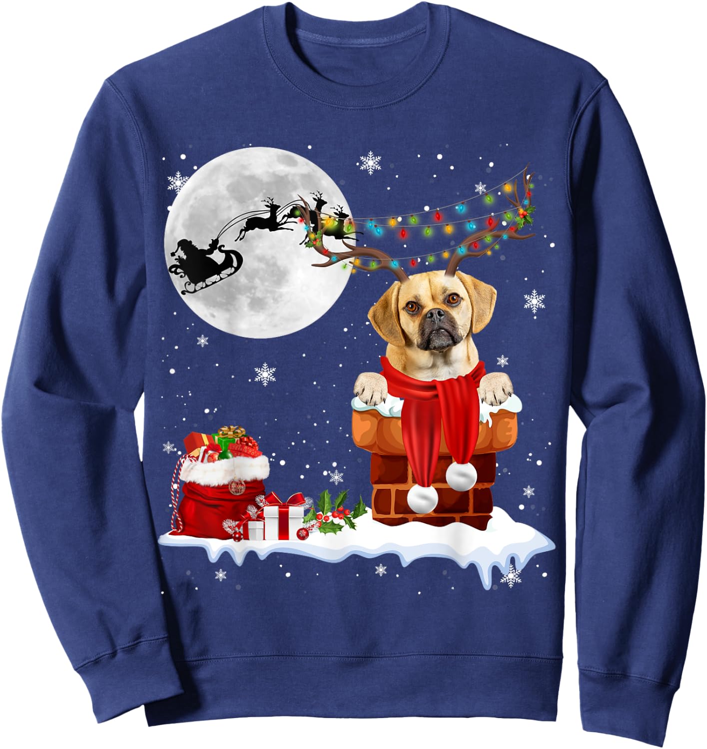 Puggle Dog Chimney Ugly Christmas Lights Xmas Pajamas Men Women Kids Sweatshirt - Sweatshirt | Navy