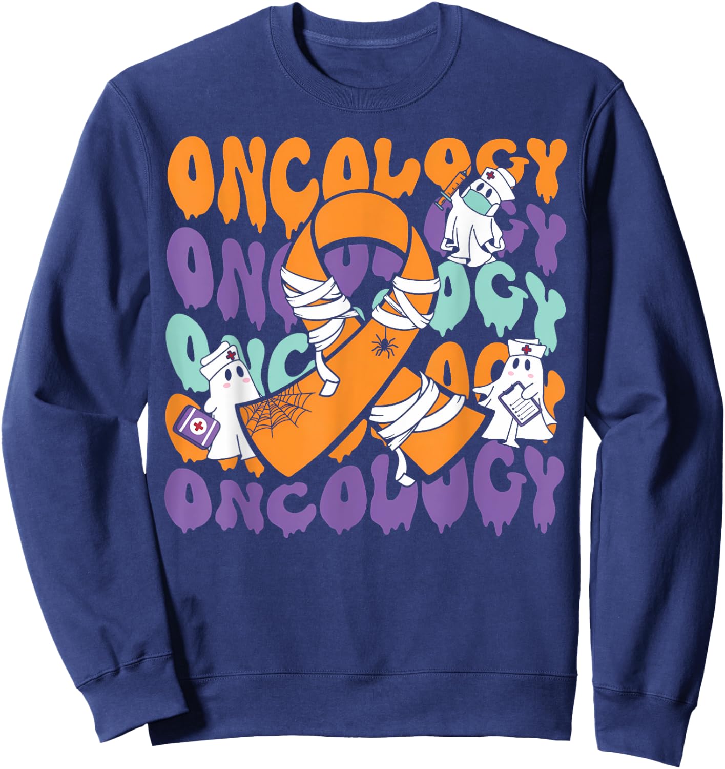 Oncology Nurse Halloween Ribbon Heme Onc RN Cancer Awareness Sweatshirt - Sweatshirt | Navy