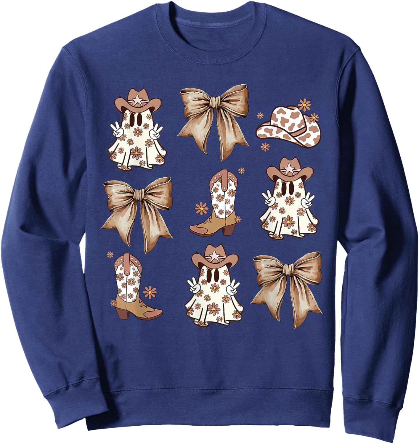 Coquette Bow Spooky Funny Ghost Cowboy Western Halloween Sweatshirt - Sweatshirt | Navy