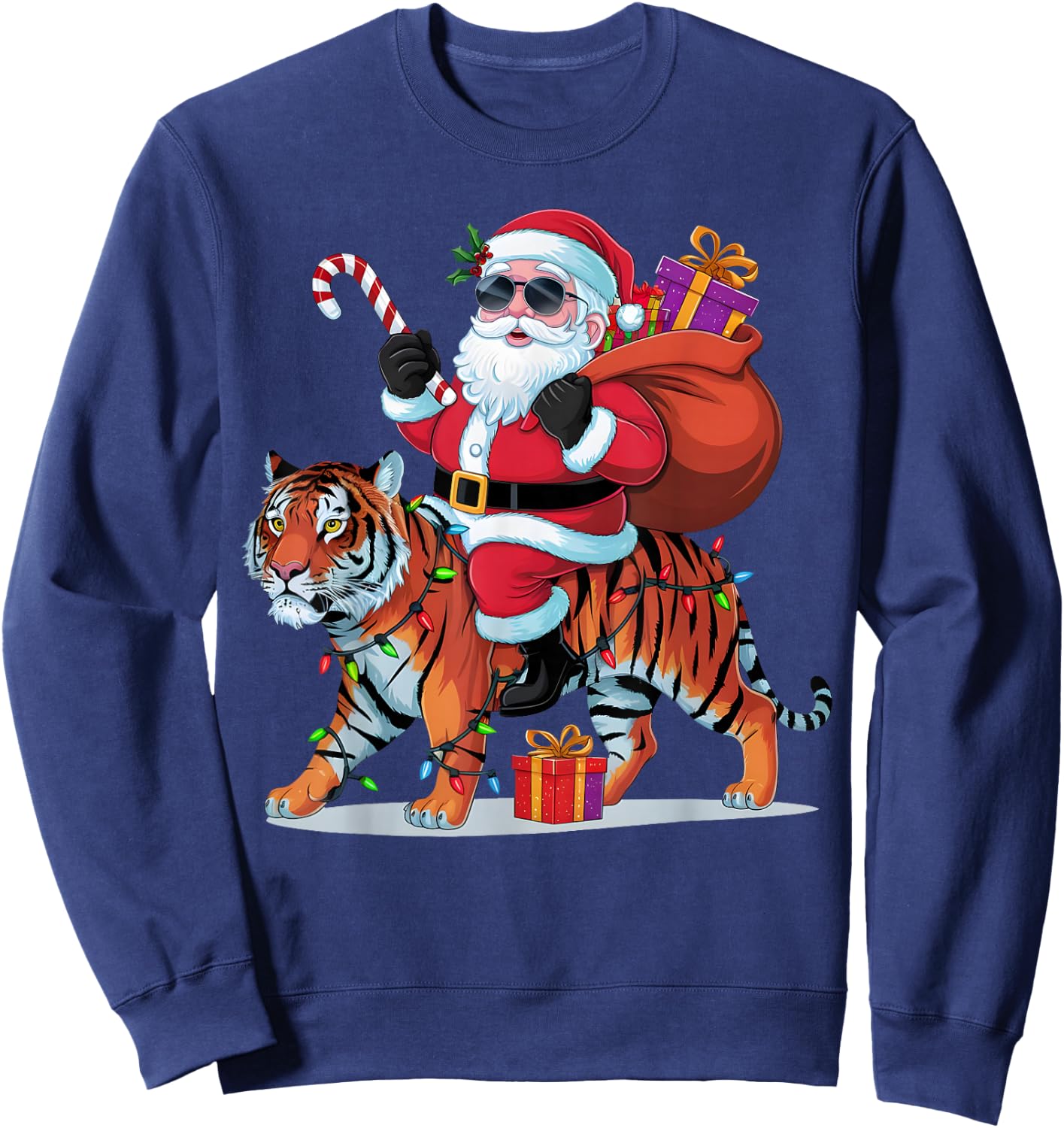 Tiger Lover Xmas Lighting Santa Riding Tiger Christmas Sweatshirt - Sweatshirt | Navy