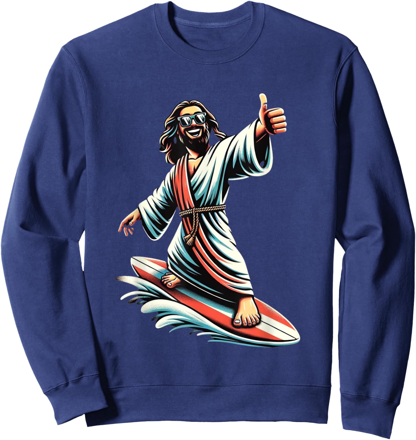 Jesus Surfing on Water, Thumbs-up Fun Christian Design Sweatshirt - Sweatshirt | Navy
