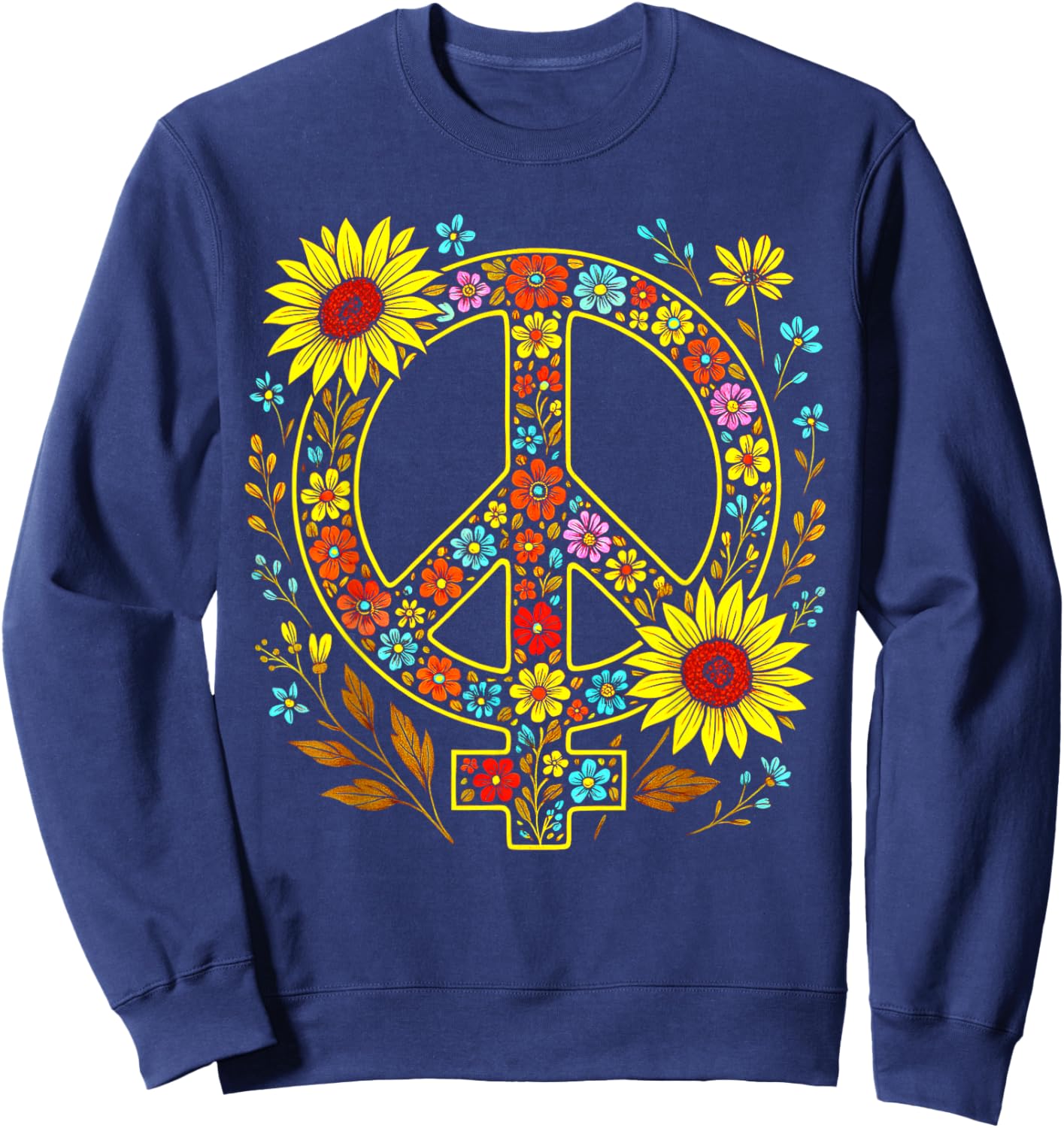 Feminist Peace Symbol Vintage Floral Hippie Women Sunflower Sweatshirt - Sweatshirt | Navy