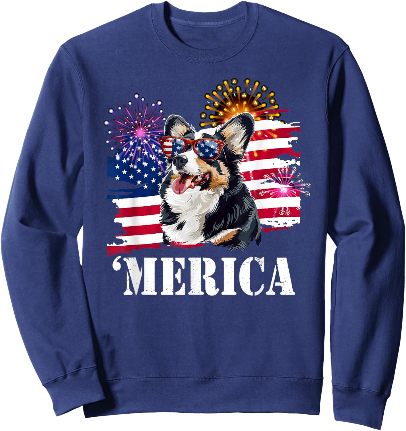 Funny USA Flag 4th 'Merica Black Tricolor Corgi Lover Sweatshirt - Sweatshirt | Navy