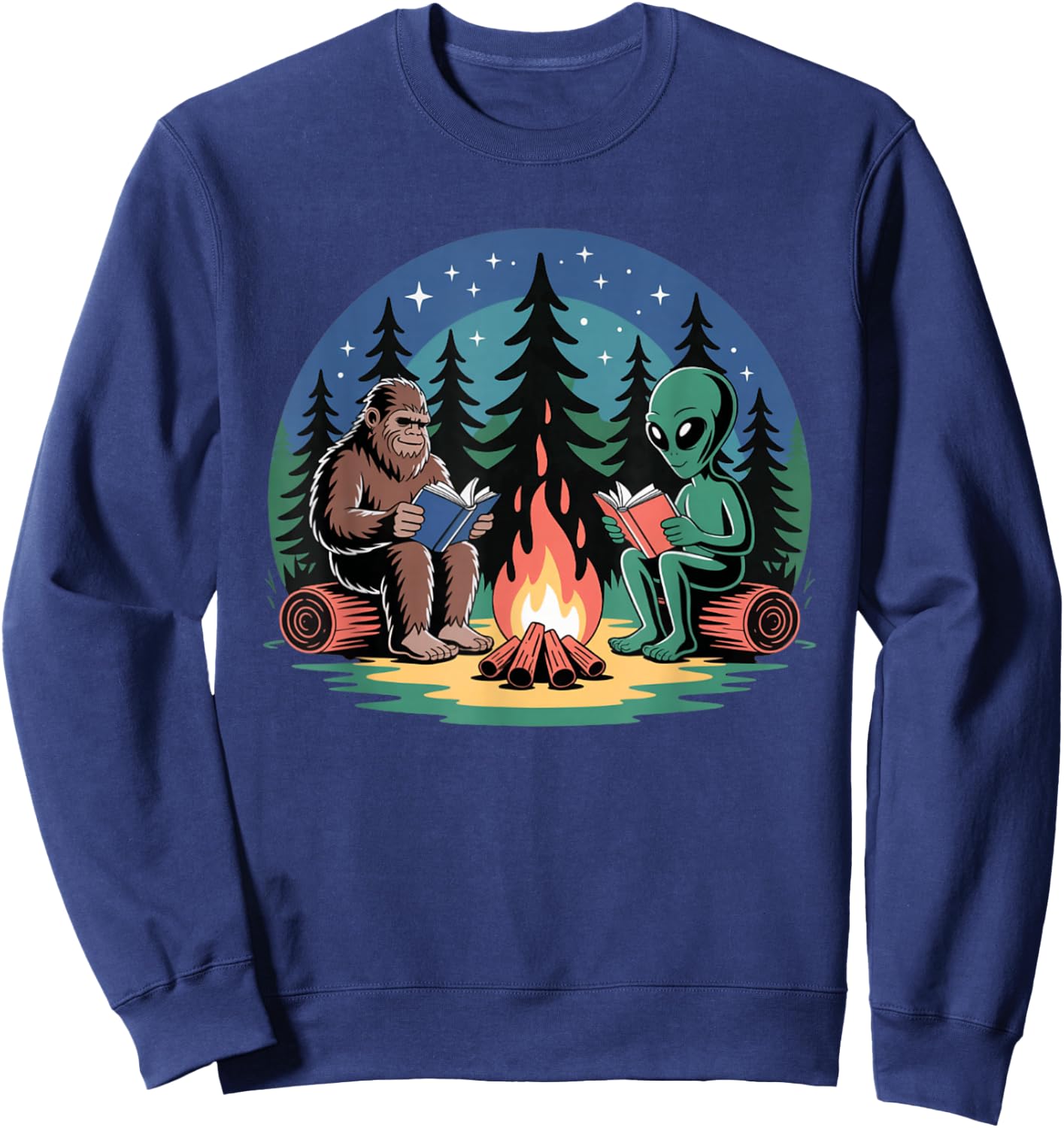 Alien Camping Bigfoot Campfire Reading Peaceful Forest Sweatshirt - Sweatshirt | Navy