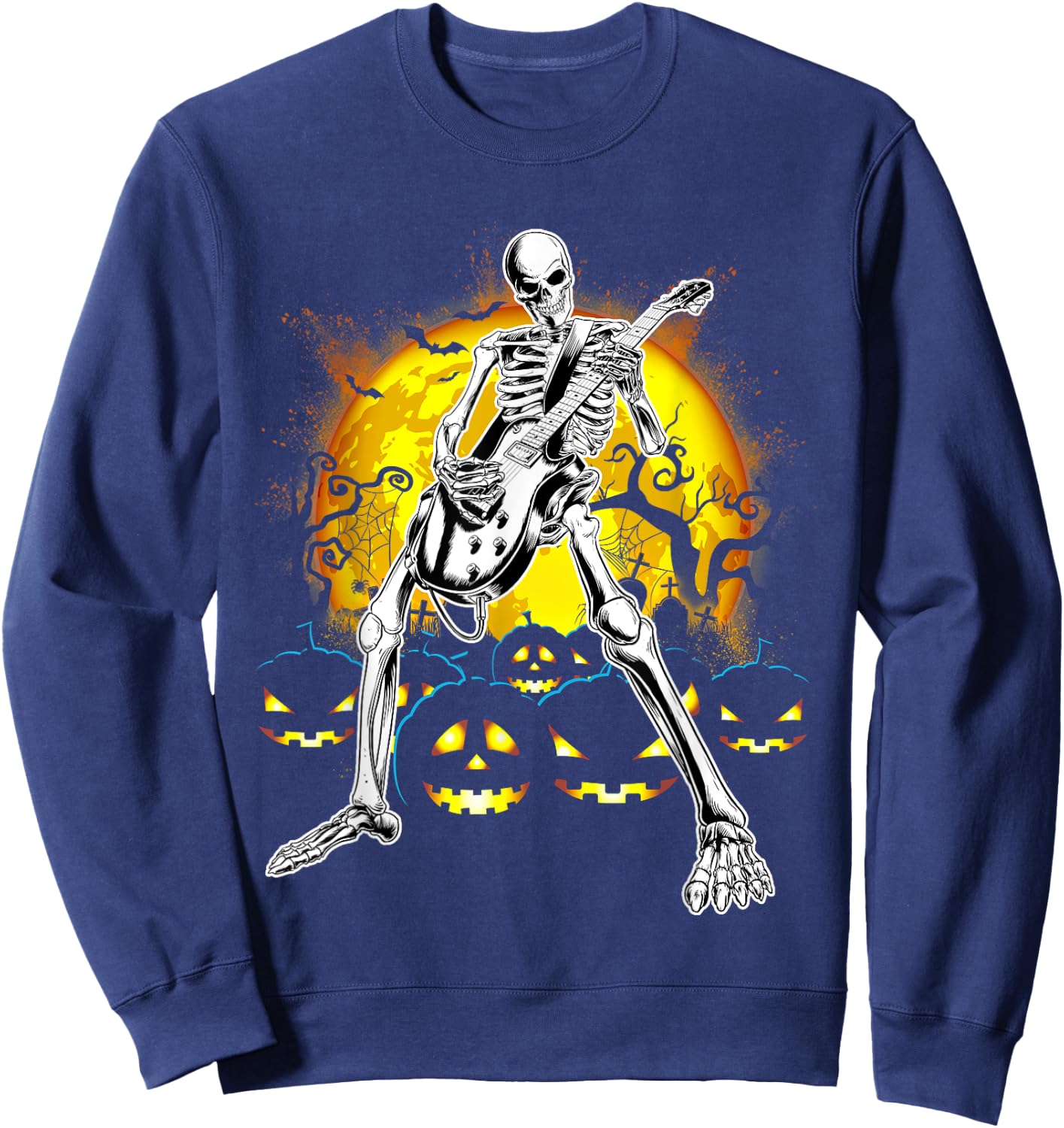 Happy Halloween Funny Skeleton Playing Guitar Pumpkin Vibes Sweatshirt - Sweatshirt | Navy