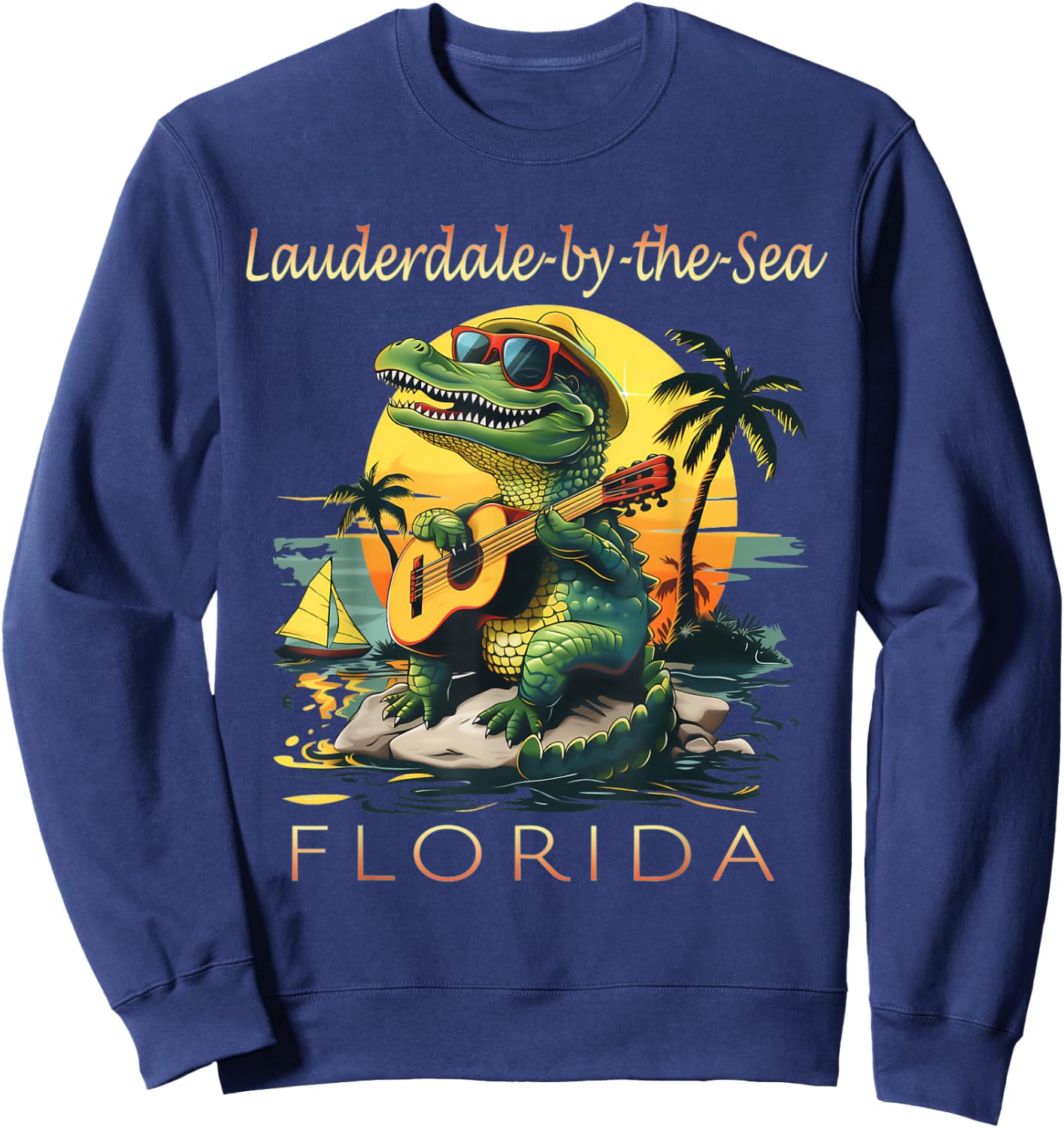 Lauderdale-by-the-Sea Florida Vacation Cute Alligator Sunset Sweatshirt - Sweatshirt | Navy
