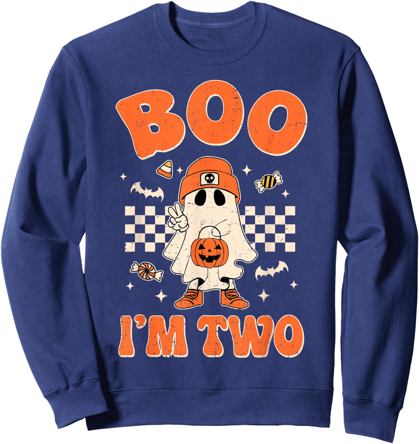 Boo I'm Two Years Old Birthday Kid Boy Retro Ghost Halloween Sweatshirt - Sweatshirt | Navy
