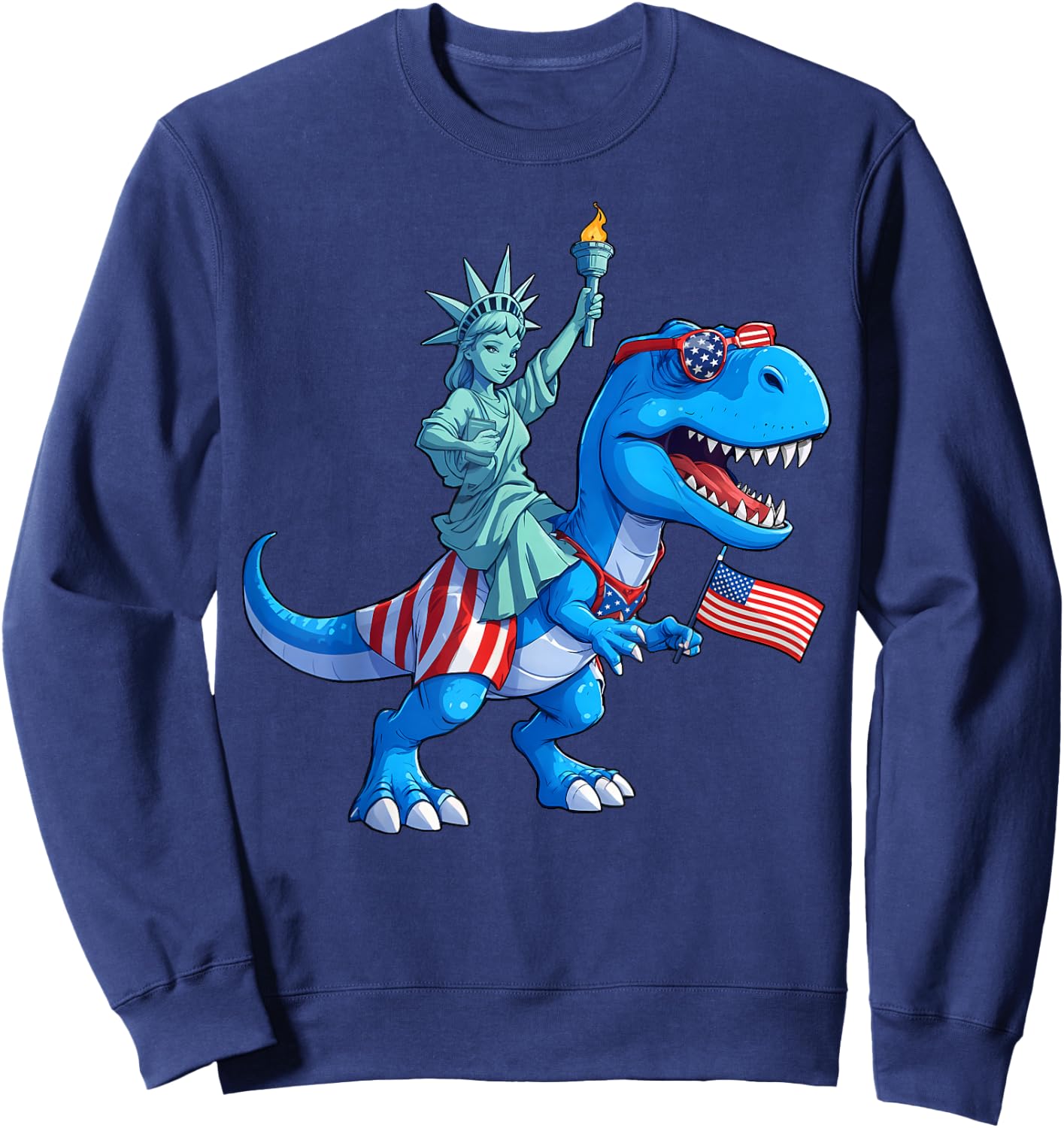 Dino Statue Of Liberty 4th Of July TRex American Flag Boys Sweatshirt - Sweatshirt | Navy