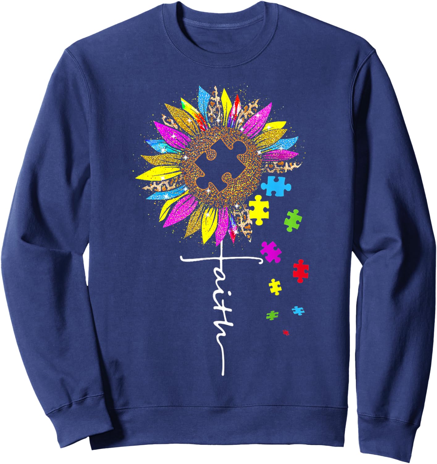 Faith Cross Sunflower Autism Mom Leopard Puzzle Pieces Sweatshirt - Sweatshirt | Navy
