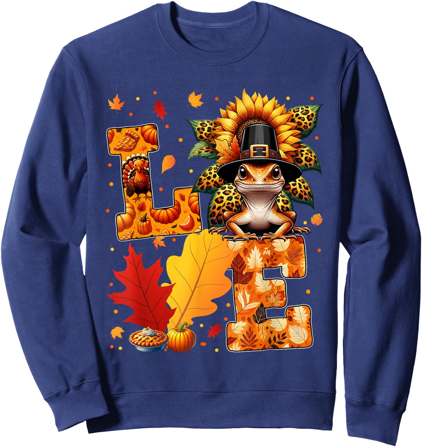 LOVE Thanksgiving Gecko Costume Fall Leaves Sunflower Sweatshirt - Sweatshirt | Navy