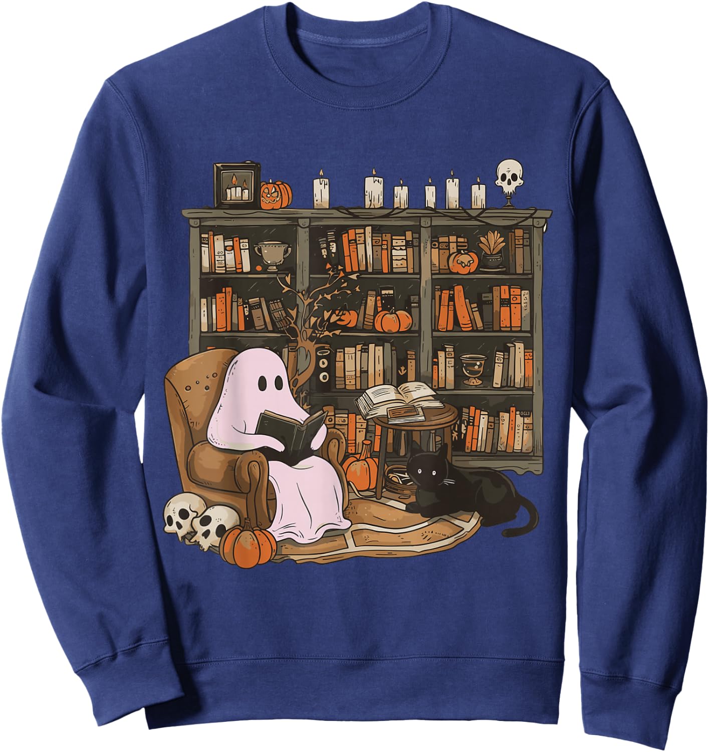 Ghost Reading Book Cat lover Halloween Reading enthusiast Sweatshirt - Sweatshirt | Navy