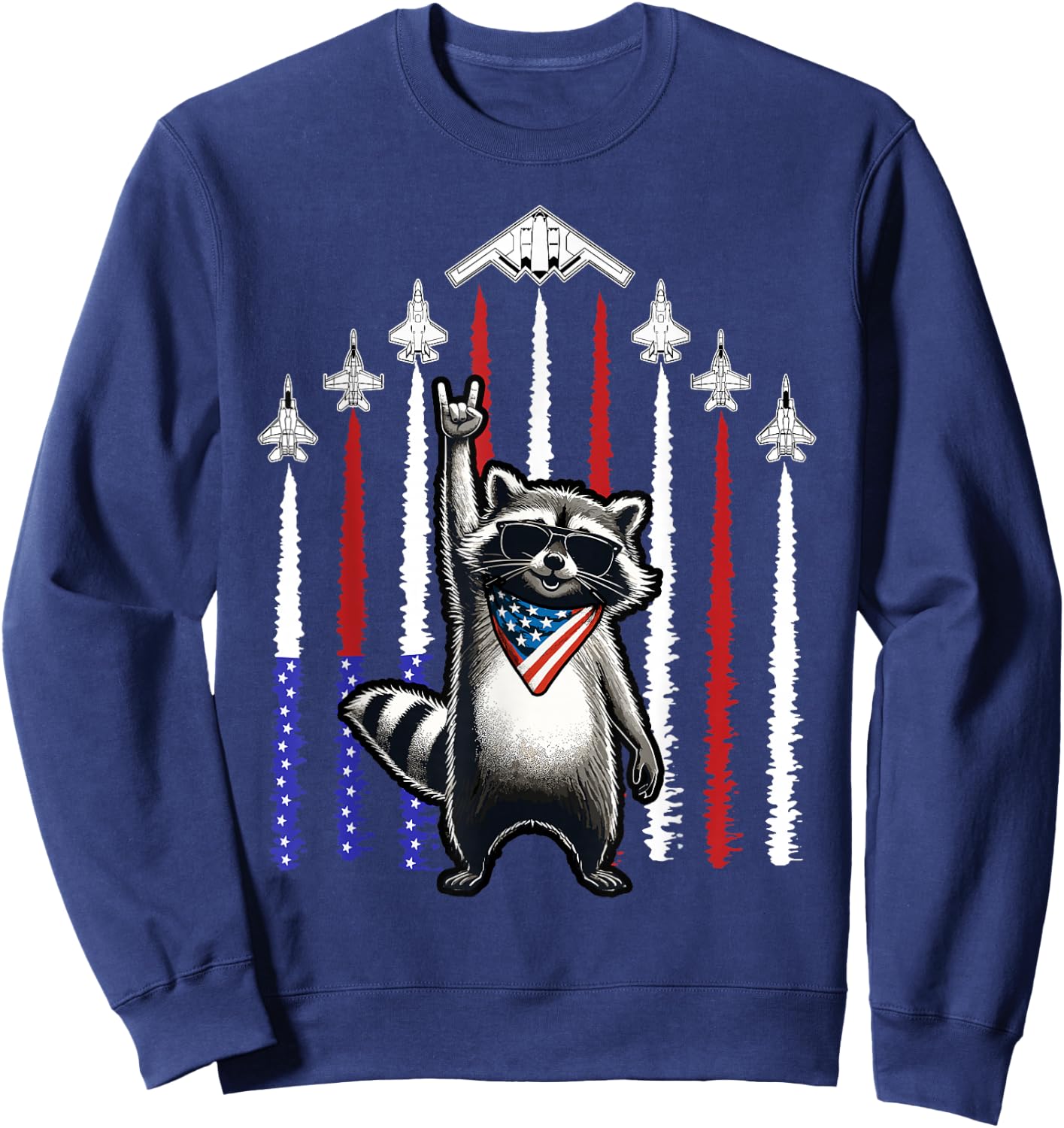 4th of July USA Flag Fighter Jets Raccoon Funny Patriotic Sweatshirt - Sweatshirt | Navy