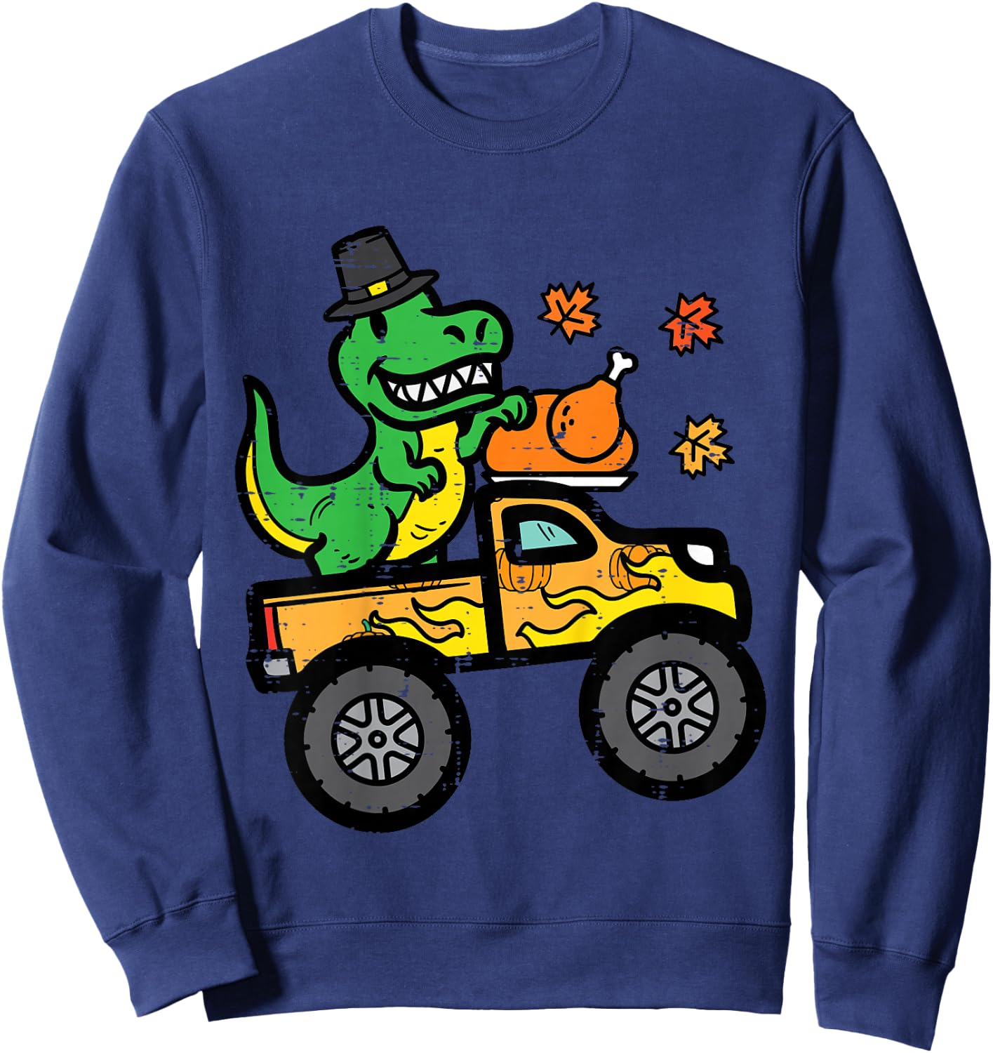 Kids Thanksgiving Dino Monster Truck Fall Trex Toddler Boys Kids Sweatshirt - Sweatshirt | Navy