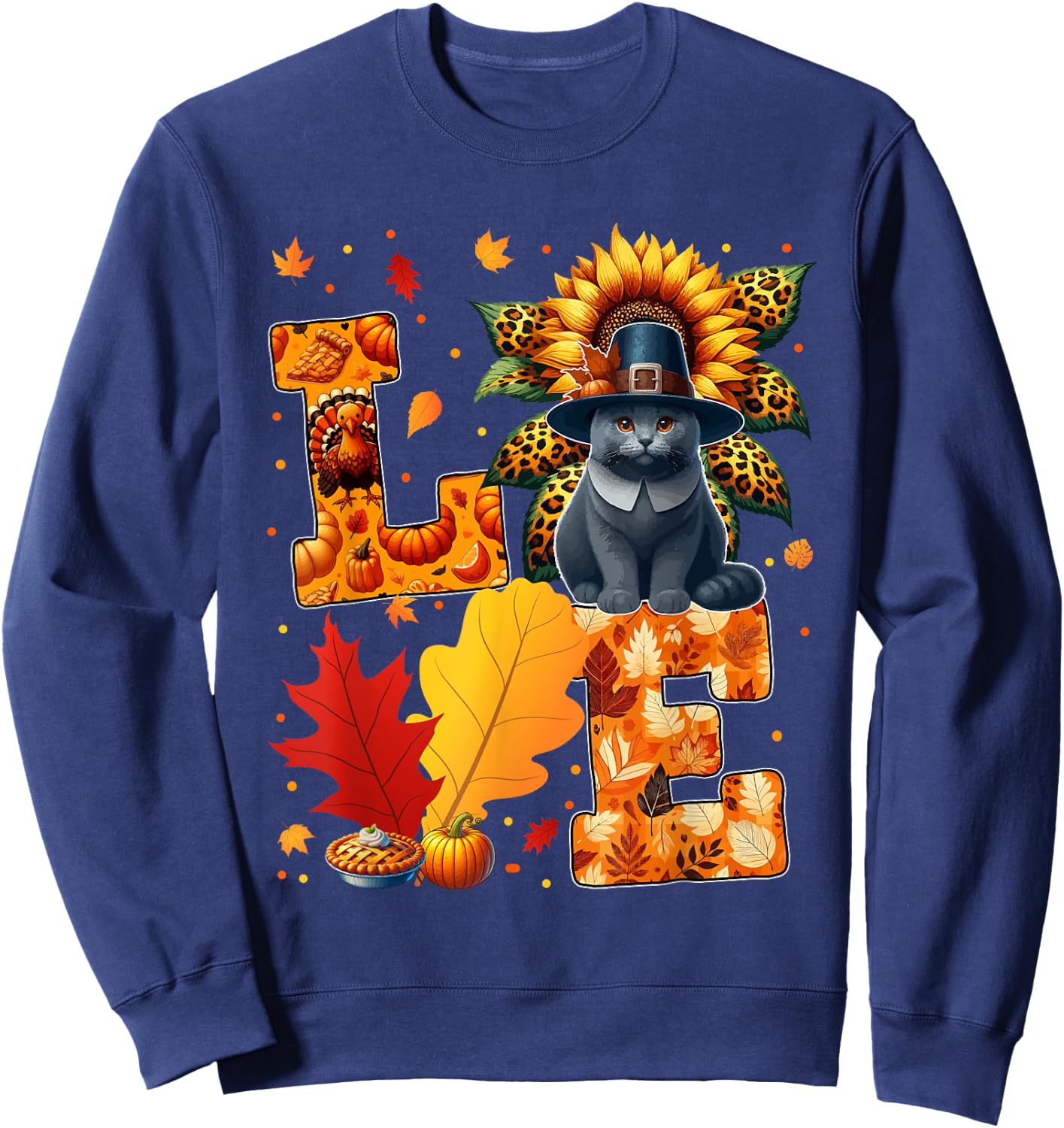 LOVE Thanksgiving Russian Blue Cat Costume Fall Leaves Women Kids Sweatshirt - Sweatshirt | Navy