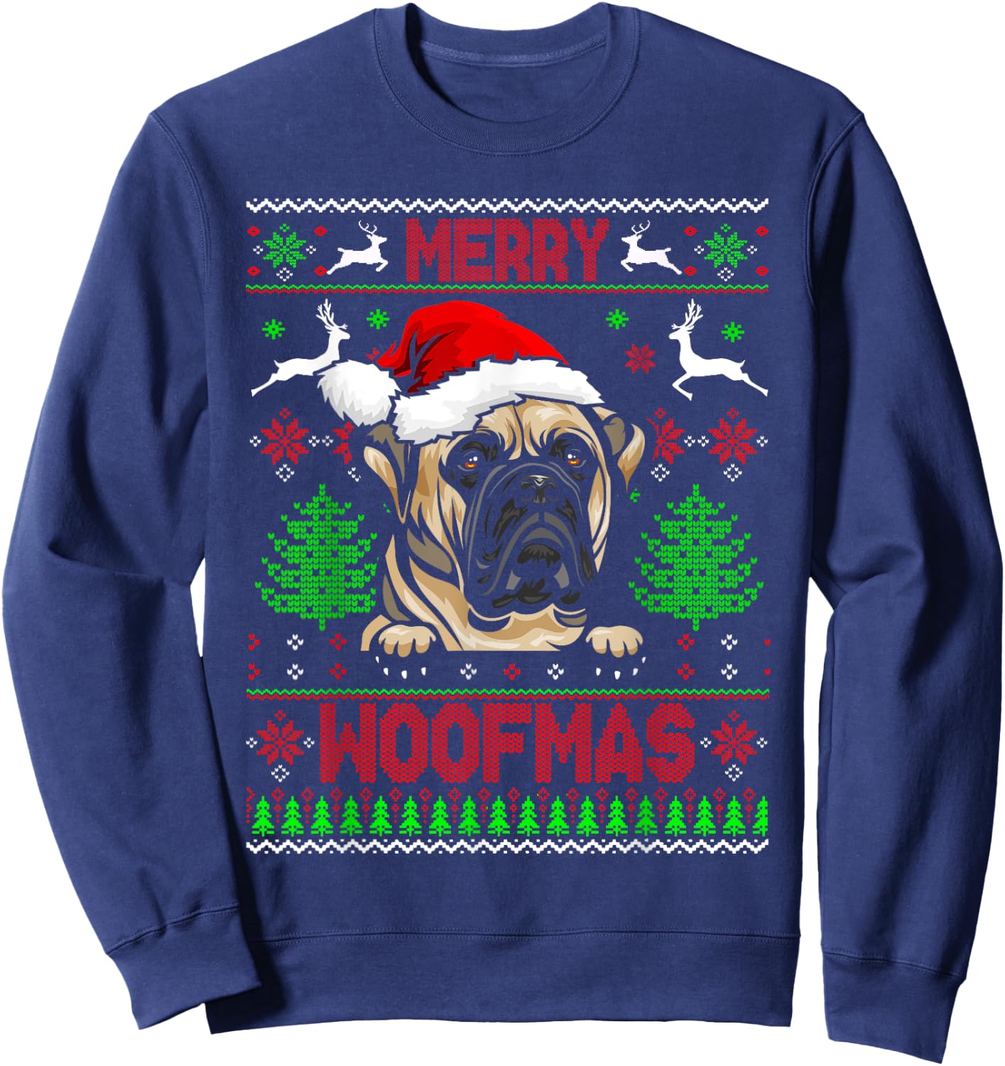 Merry Woofmas Christmas Santa Bull Mastiff Lover Sweater Sweatshirt - Sweatshirt | Navy