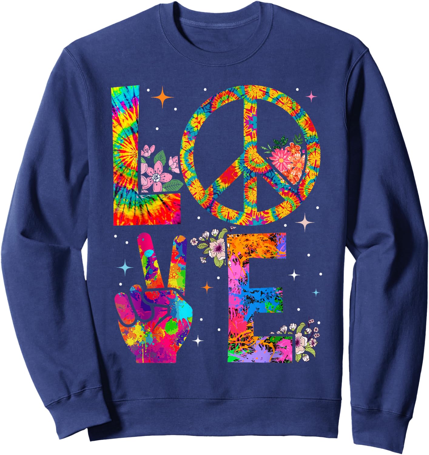 Peace Sign Love 60s 70s Tie Dye Hippie Costume Sweatshirt - Sweatshirt | Navy