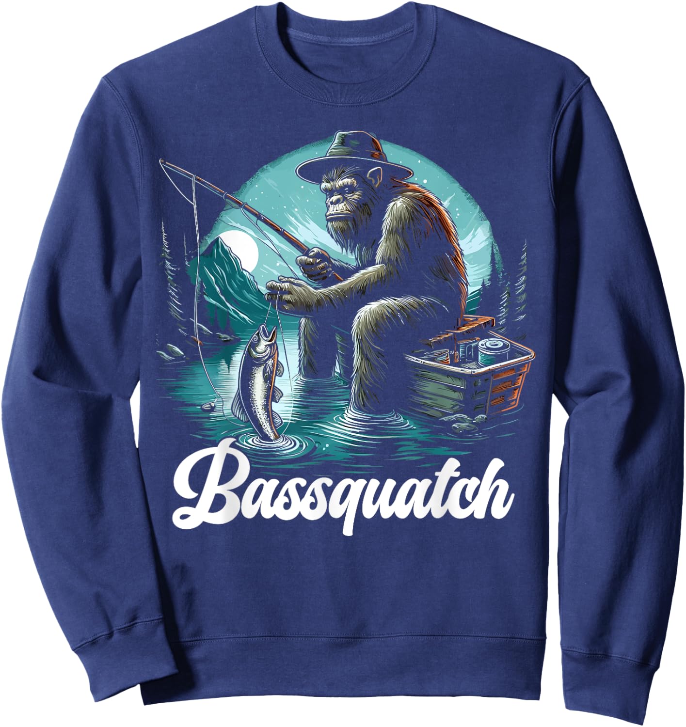 Bassquatch! Funny Bass Fishing Sasquatch Retro 80s Fisherman Sweatshirt - Sweatshirt | Navy