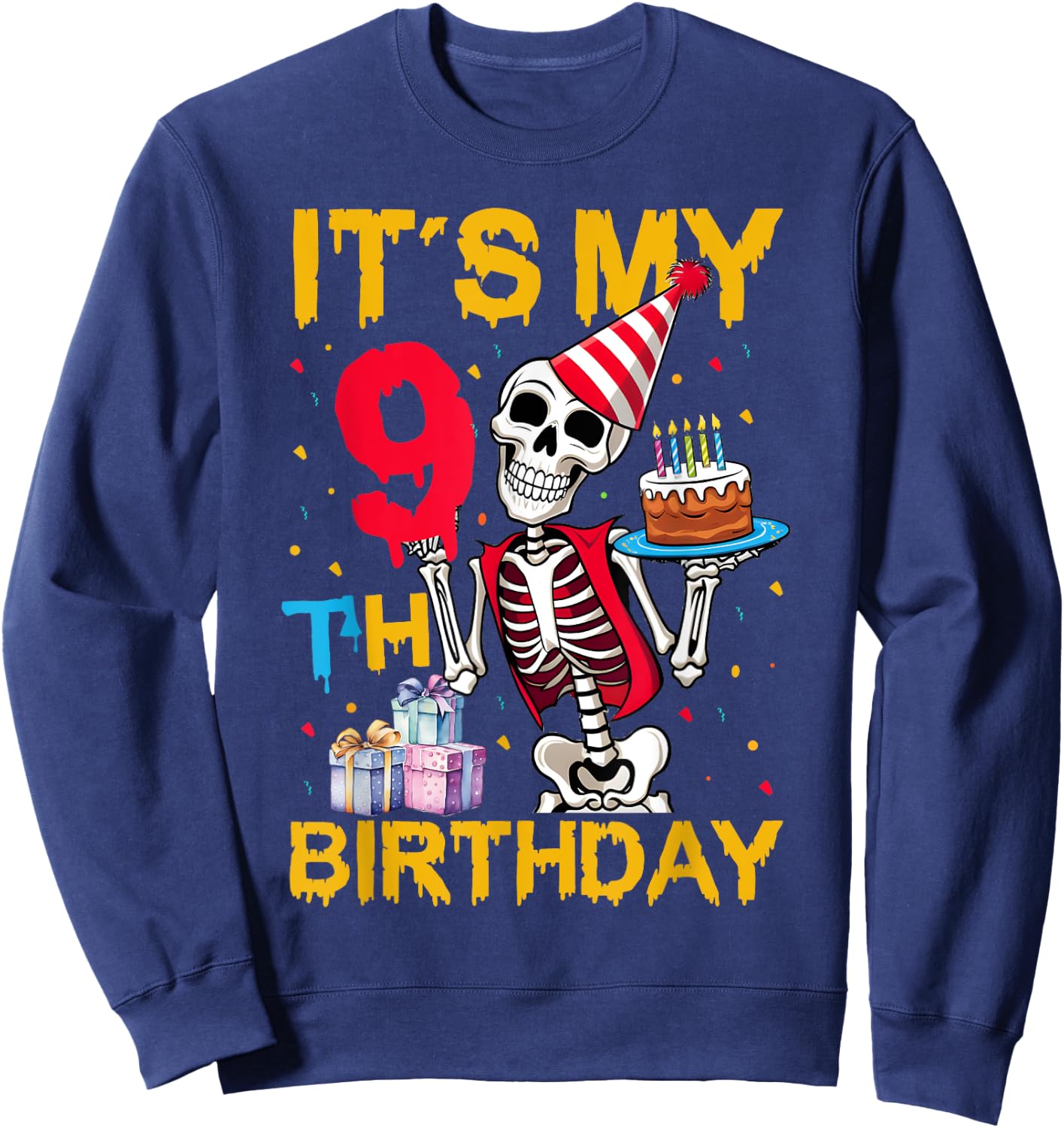 It's My 9th Birthday Party Halloween Skeleton Birthday Sweatshirt - Sweatshirt | Navy