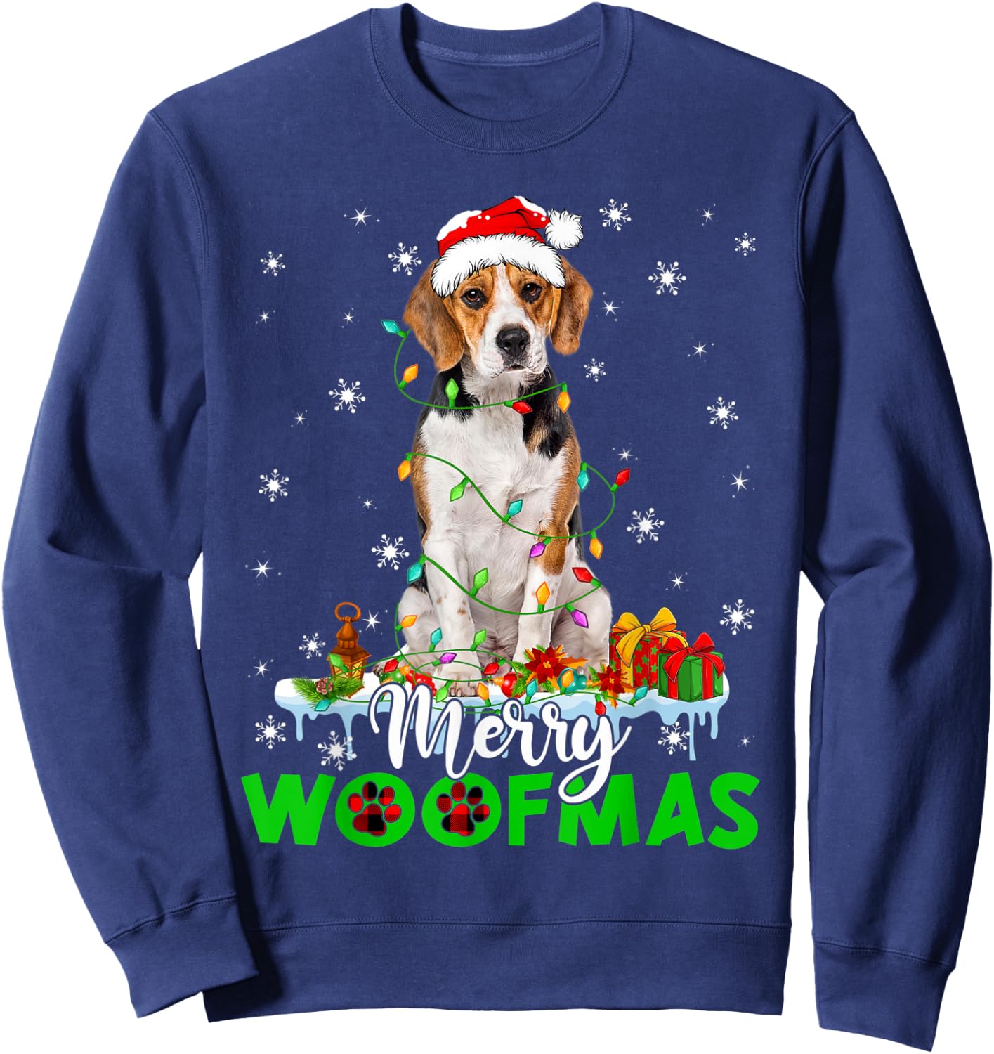 Beagle Dog Merry Woofmas Funny Xmas Lights Santa Hat Sweatshirt - Sweatshirt | Navy