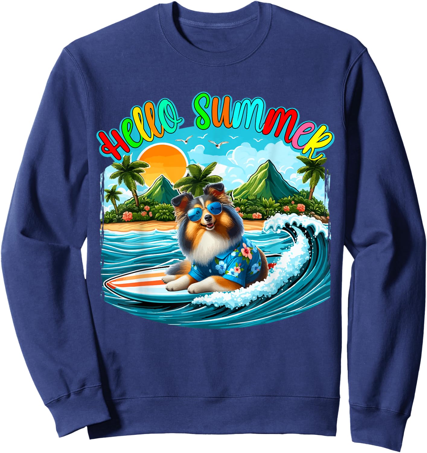 Summer Costume Sheltie Sunglasses Surfing On Beach Surfer Women Kids Sweatshirt - Sweatshirt | Navy