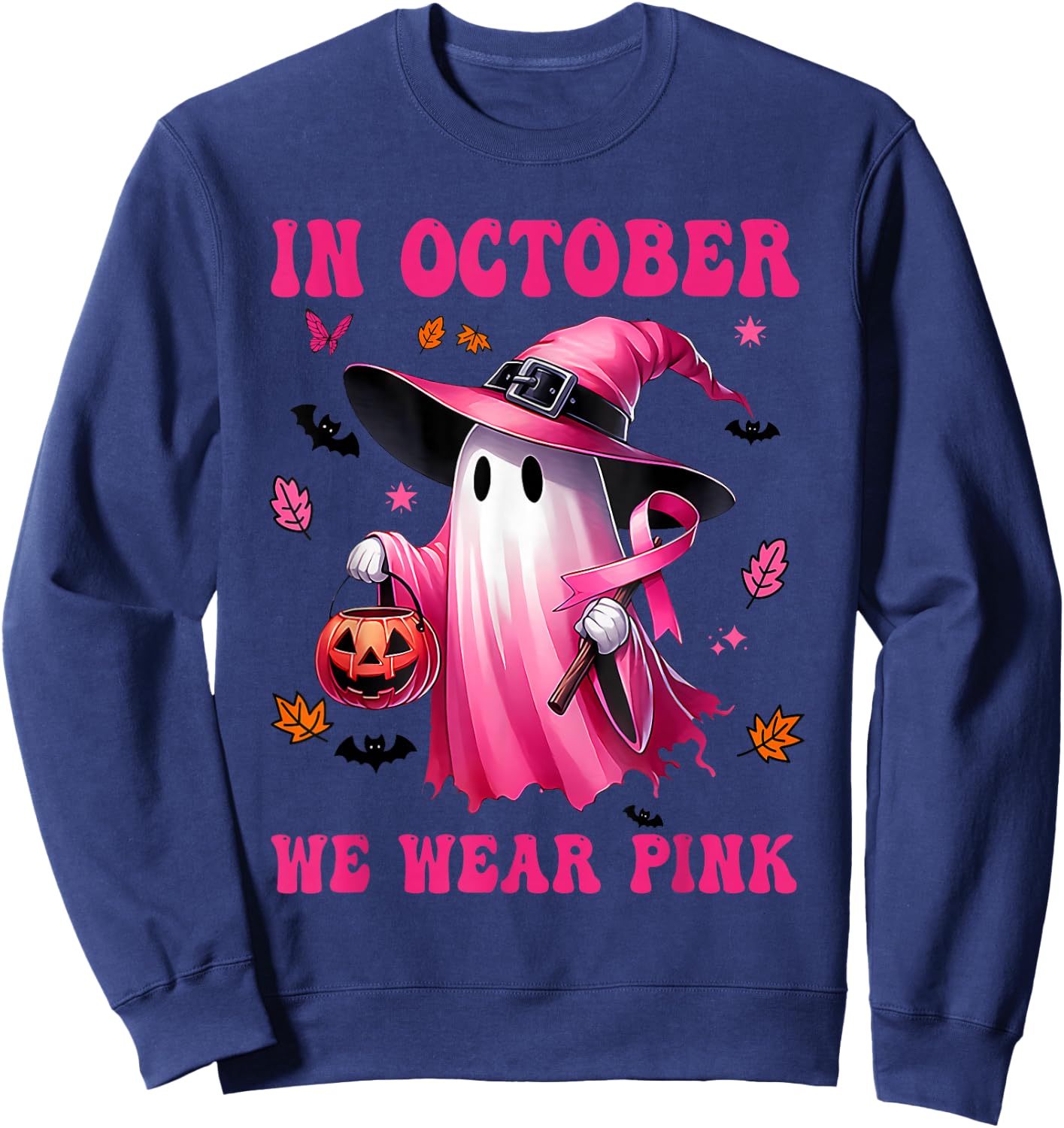 In October We Wear Pink Ghost Fighting Breast Cancer Sweatshirt - Sweatshirt | Navy
