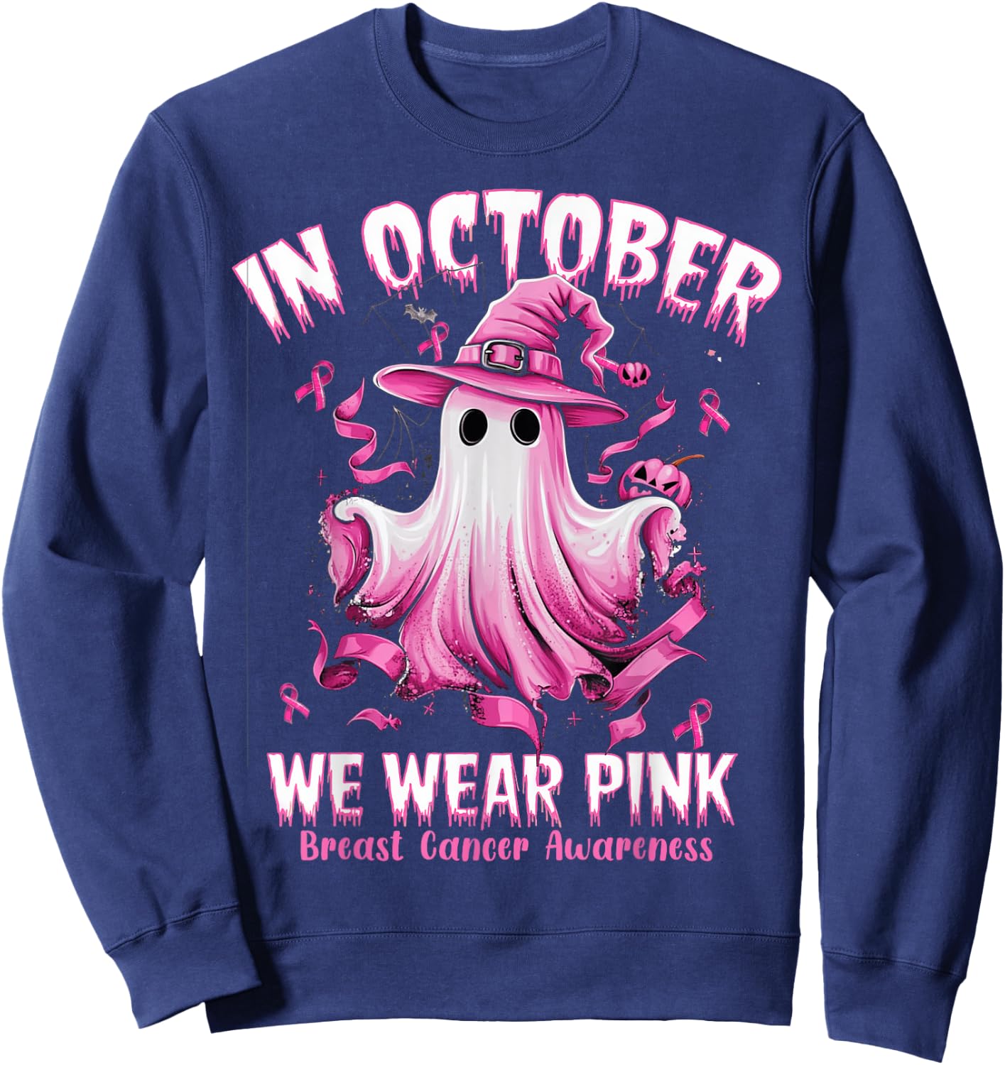 In October We Wear Pink Ghost Witch Breast Cancer Awareness Sweatshirt - Sweatshirt | Navy