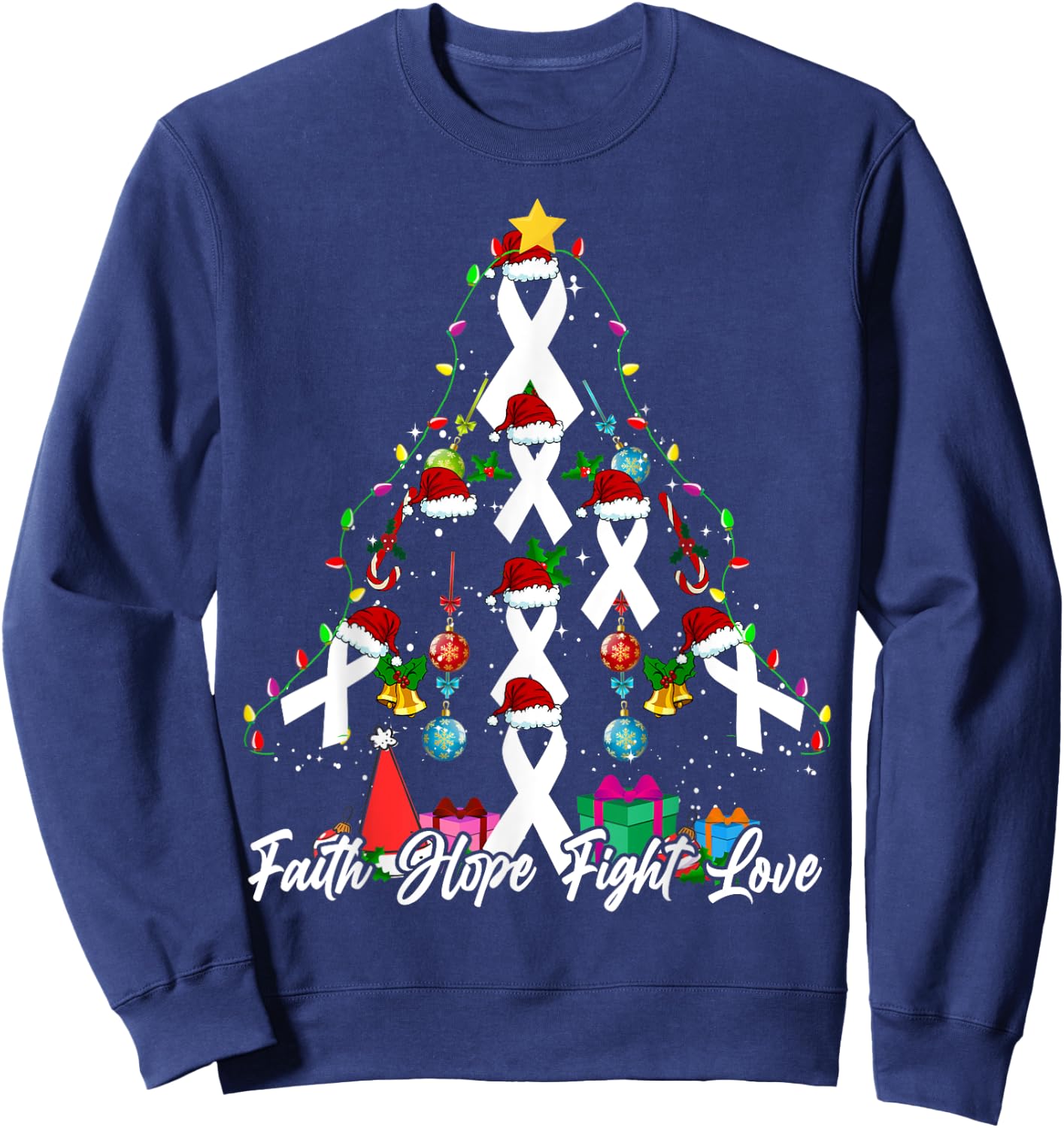 Santa White Ribbon Christmas Tree Lung Cancer Awareness Sweatshirt - Sweatshirt | Navy