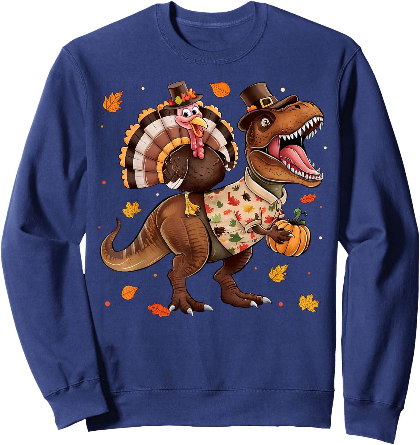 Funny Turkey Riding Dinosaur T rex Thanksgiving Boys Kids Sweatshirt - Sweatshirt | Navy